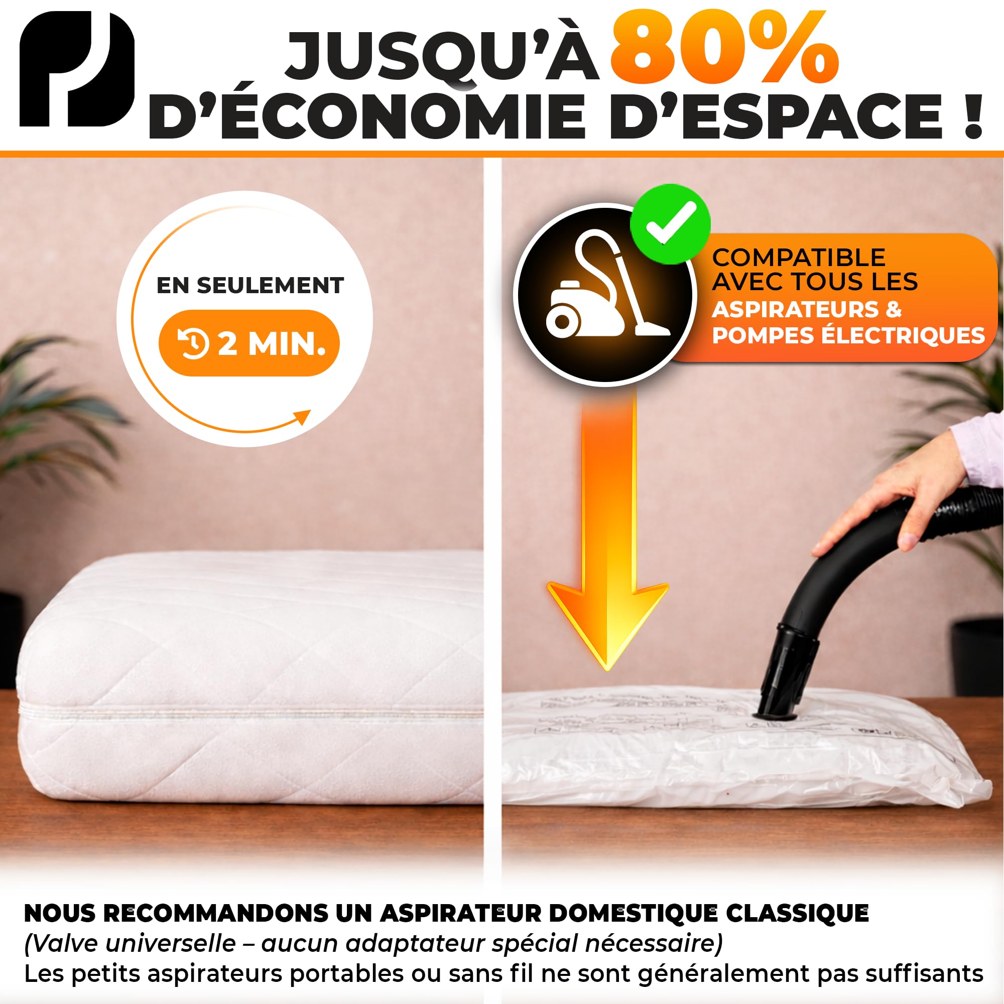 Sacs Sous Vide Matelas Jusqu'à 200x160cm (Taille du sac : 240x200cm) I XXL Sacs Matelas Sous Vide pour Matras en Mousse, Gel et Latex I Mattress Vacuum Bag I 1x Sac avec Sangles de Serrage