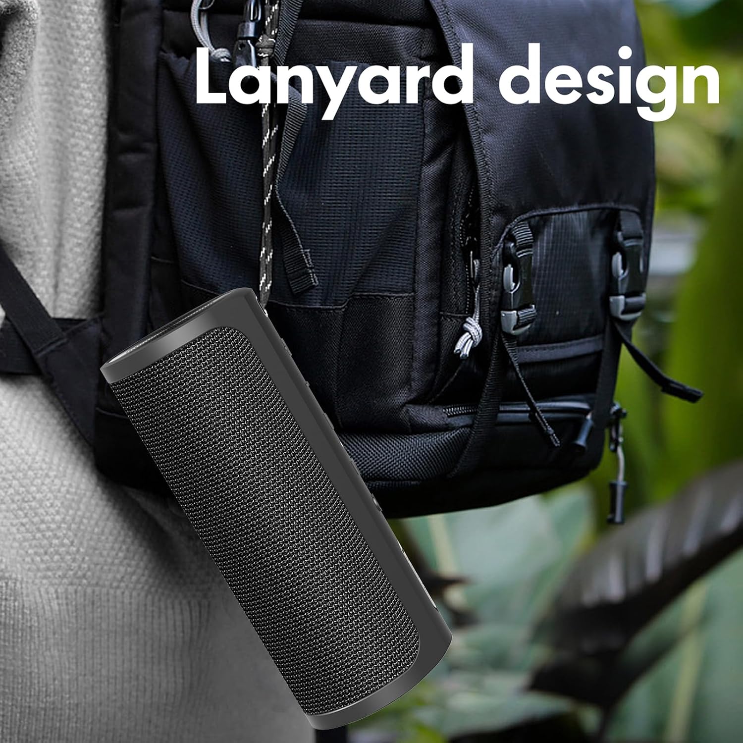 XDOBO Hero1999 speaker hanging from a backpack with its lanyard design