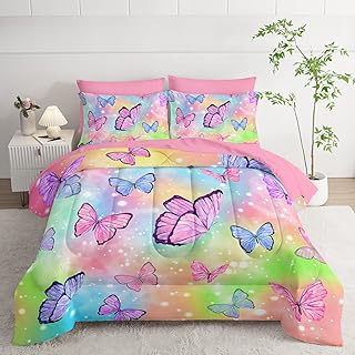 7Pcs Comforter Set Rainbow Butterfly Printed Bedding Set with 1 Comforter, 1 Flat Sheet, 1 Fitted Sheet and 4 Pillowcases for Boys and Girls Bedroom All Season(Twin)