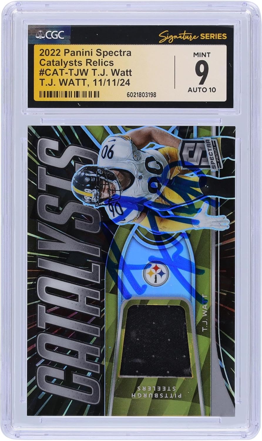 T.J. Watt Pittsburgh Steelers Autographed 2022 Panini Spectra Catalysts Jersey Relic #CAT-JW #/75 CGC Fanatics Witnessed Authenticated 9/10 Card - Football Slabbed Autographed Cards