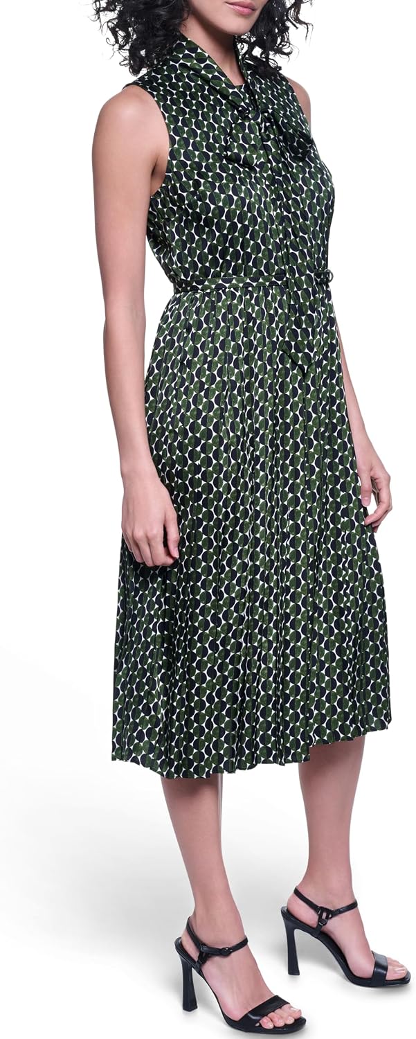 Karl Lagerfeld Womens Sleeveless Tie Neck Printed Silky Crepe Boarder Print Midi Dress