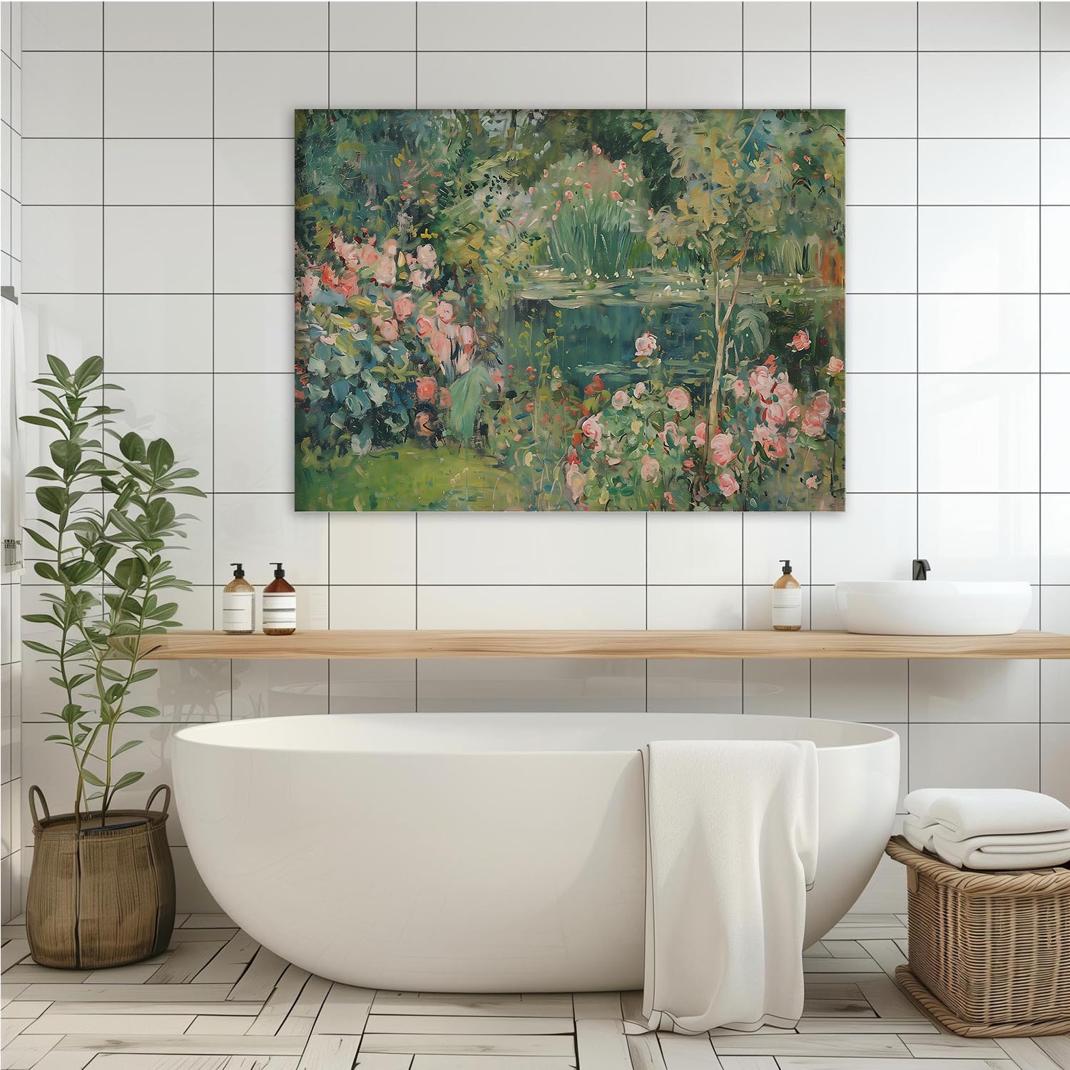 Vintage Garden Pond Oil Painting Print,Traditional Abstract Art,Botanical Landscape,Botanical Floral Wall Art,Garden Art Poster,Impressionist Sage Green Living Room Wall Decor 8x12inch Framed Art