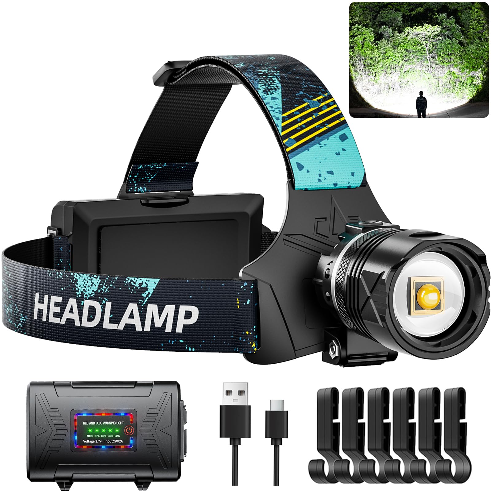 3000 Lumens Super Bright Headlamp, Rechargeable LED Head Lamp, 90 Hour Standby Head Light with 9 Modes, IPX7 Waterproof Zoom Headlamps, 125° Adjustable Headlight for Camping, Adults