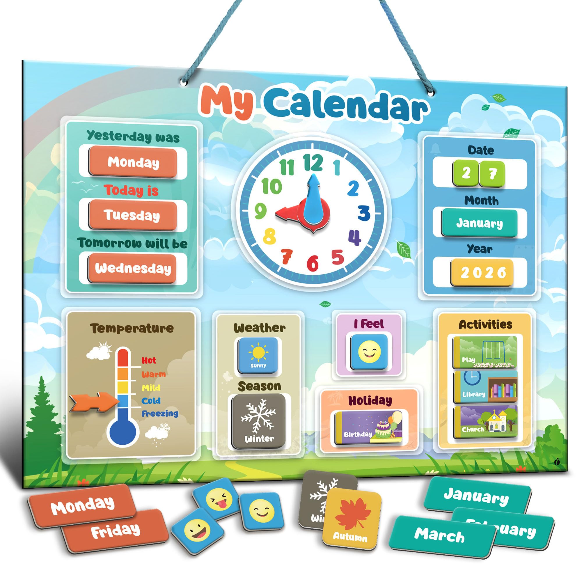 inamio Magnetic Kids Calendar for Learning - Classroom, Preschool Calendar for Kids and Toddlers - Days of The Week Chart - Today, Months and Weather