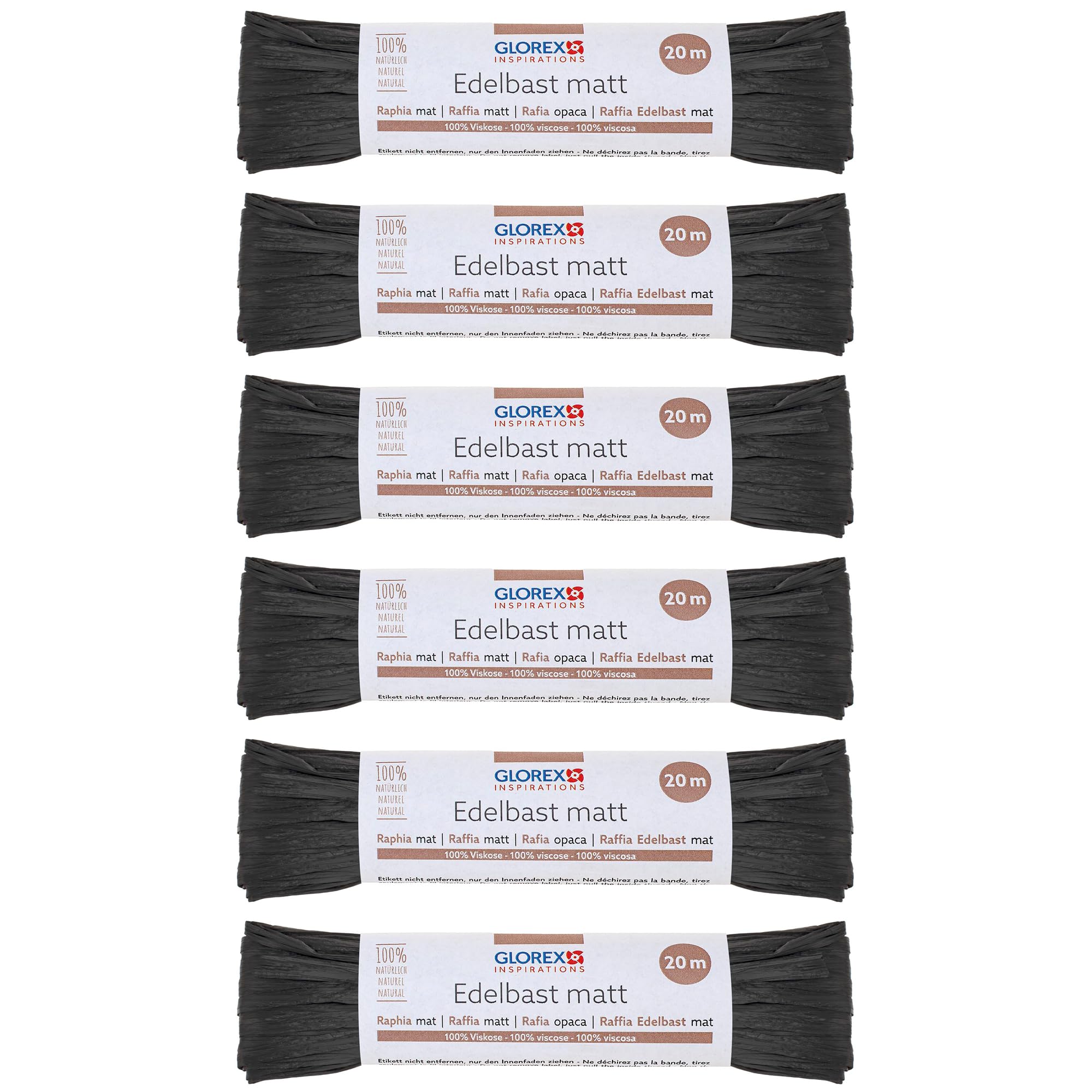 GLOREX 6 9400 516K Raffia Edelbast, 6 Bundles Each 20 m Matte Raffia, Black, for Crafts, Decoration or for Arrangements, Bouquets and Other Floristry Work