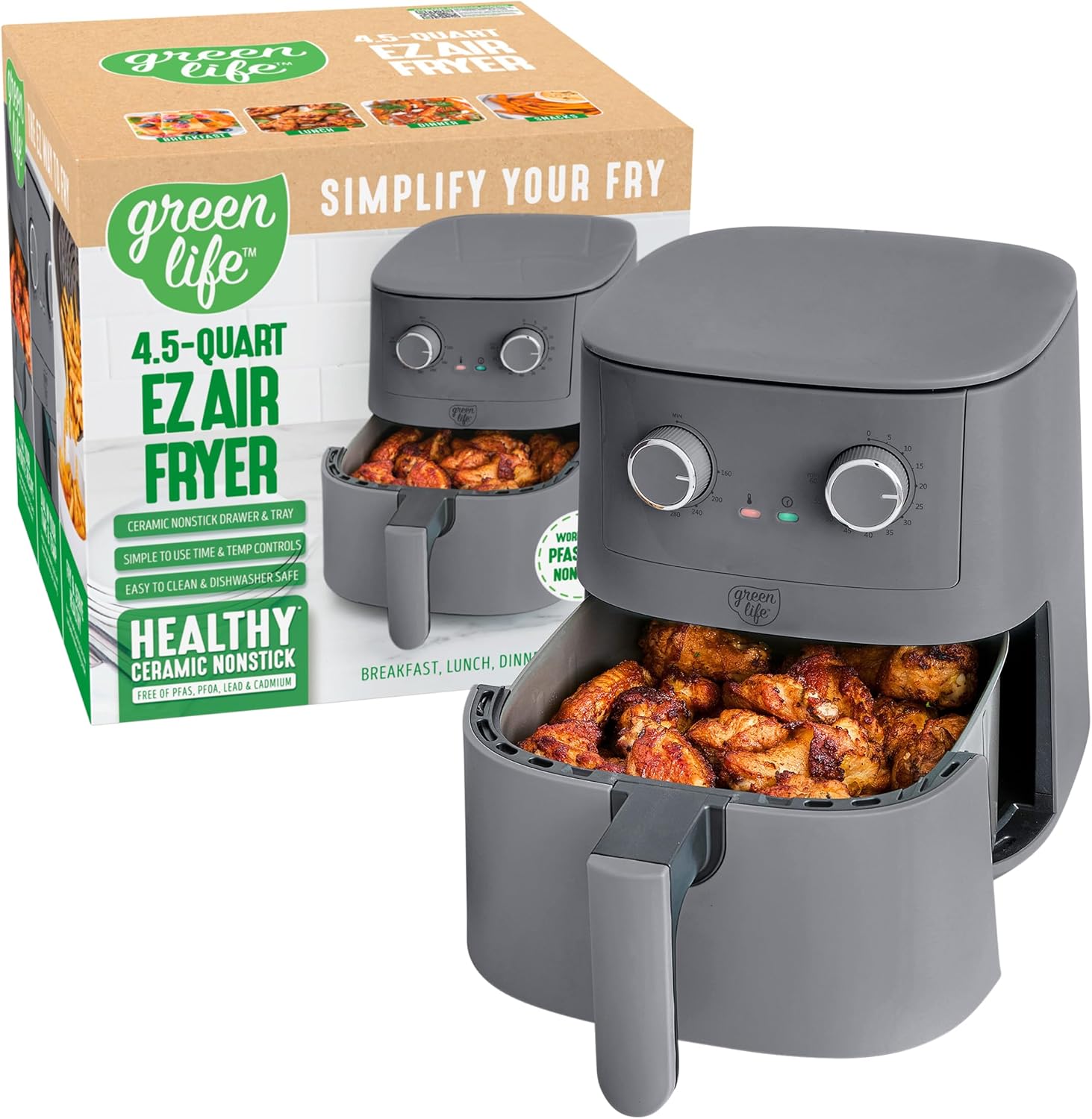 GreenLife 4.5QT Air Fryer, Mechanical Dial Controls, PFAS-Free Ceramic Nonstick Drawer, Adjustable T