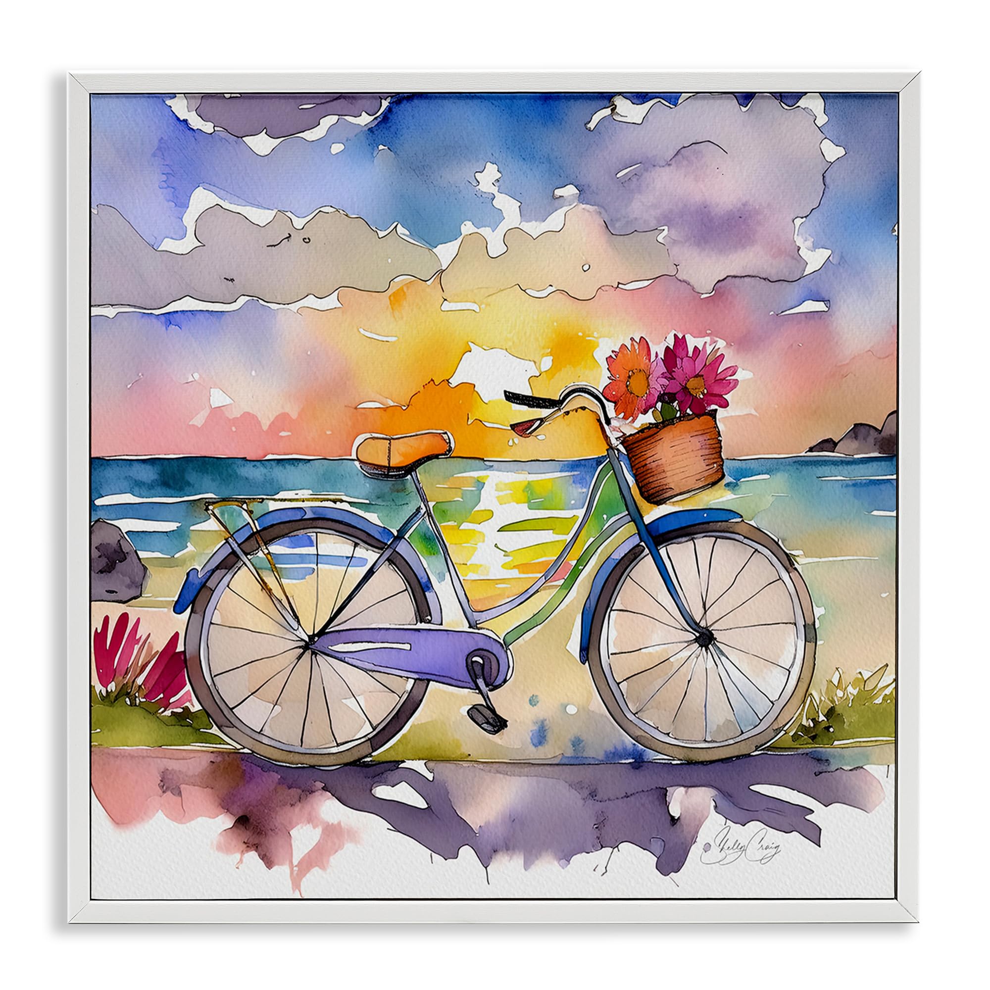 Stupell Industries Bicycle By The Seaside 'Bicycle By The Seaside', Framed Giclee Art, White, 24 X 24 Inches, Easy To Hang And Sturdy, Made In Usa, By Shelly Craig