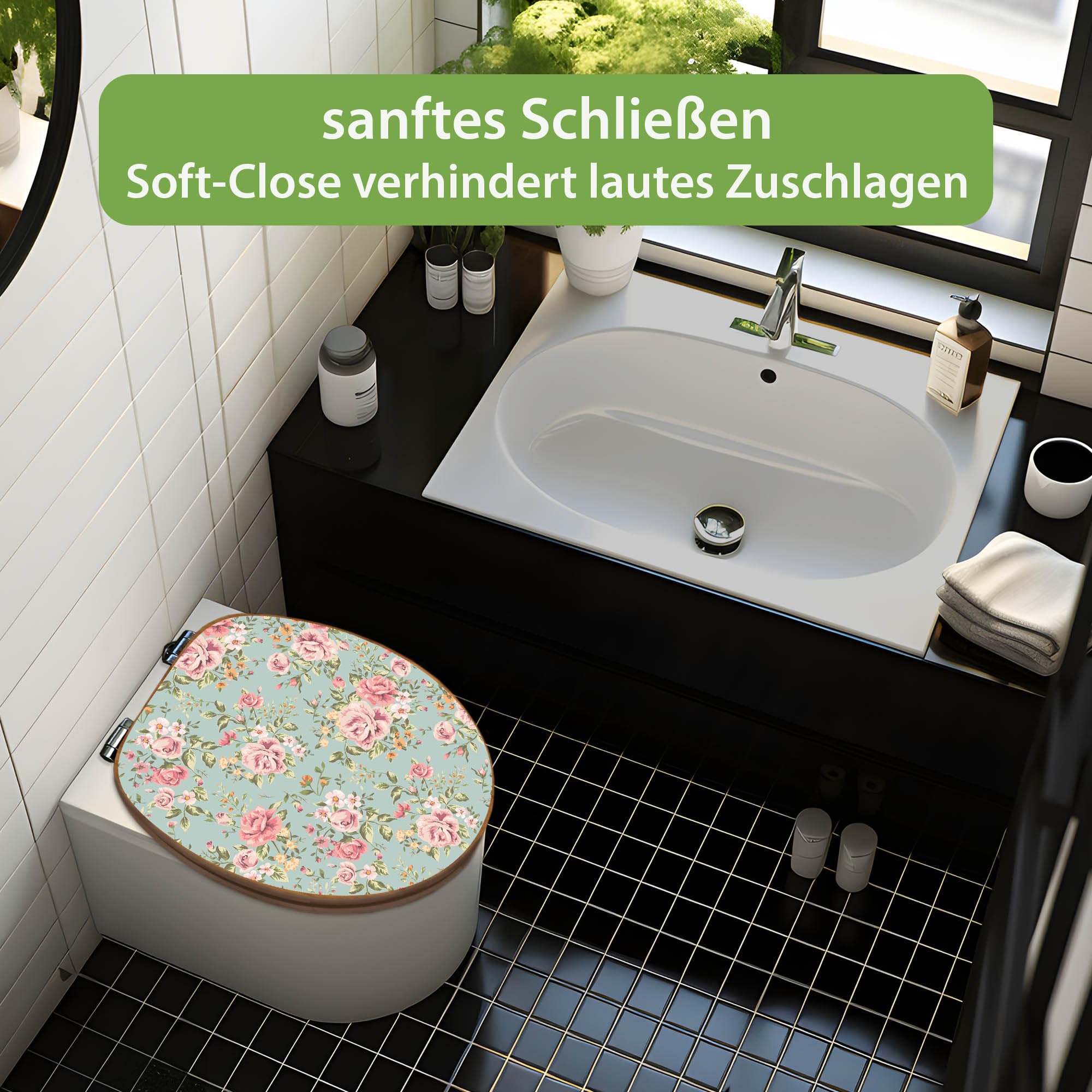 banjado Design WC Sitz Bambus Absenkautomatik 45,8x37,5cm - Toilettendeckel mit Absenkautomatik Holz - hochwertiger Bambus Klodeckel - WC-Sitz für gängigen Toiletten - Motiv Altrosa Blume
