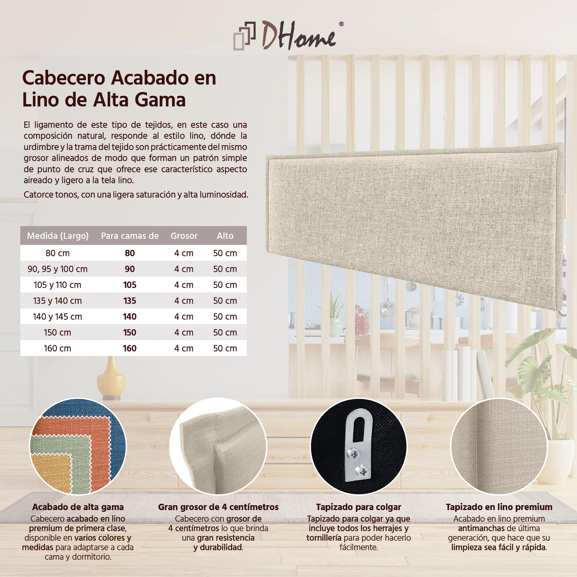 DHOME Testiera in lino naturale con bordo della testiera imbottito Letto moderno TOP TRENDING (Beige, 160cm (Letto 150/160))