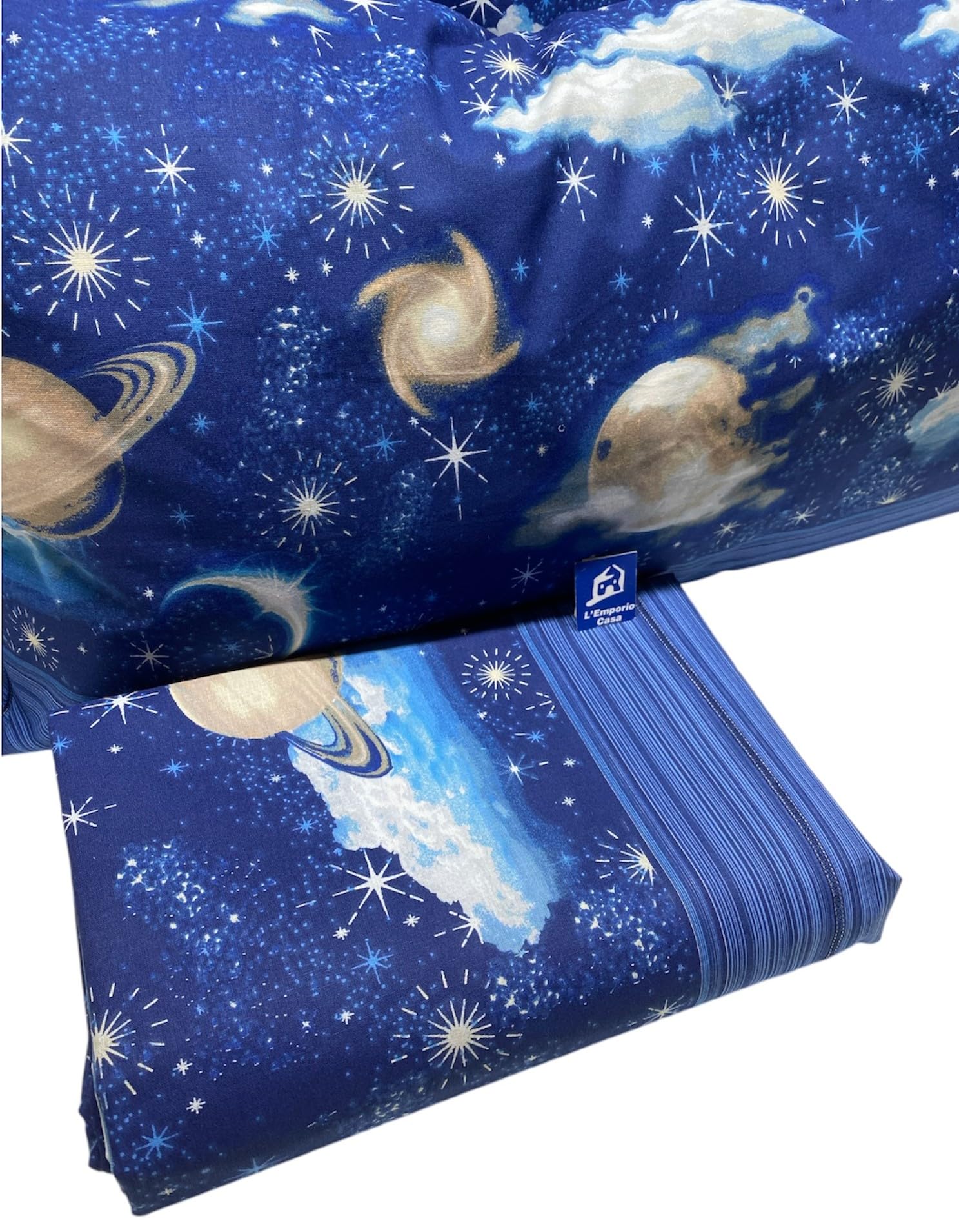 L'Emporio Casa Juego de sábanas completo de algodón 100 % italiano con puesta de sol, corales, estrellas, luna, peces, varios tamaños (planetas, matrimonial)