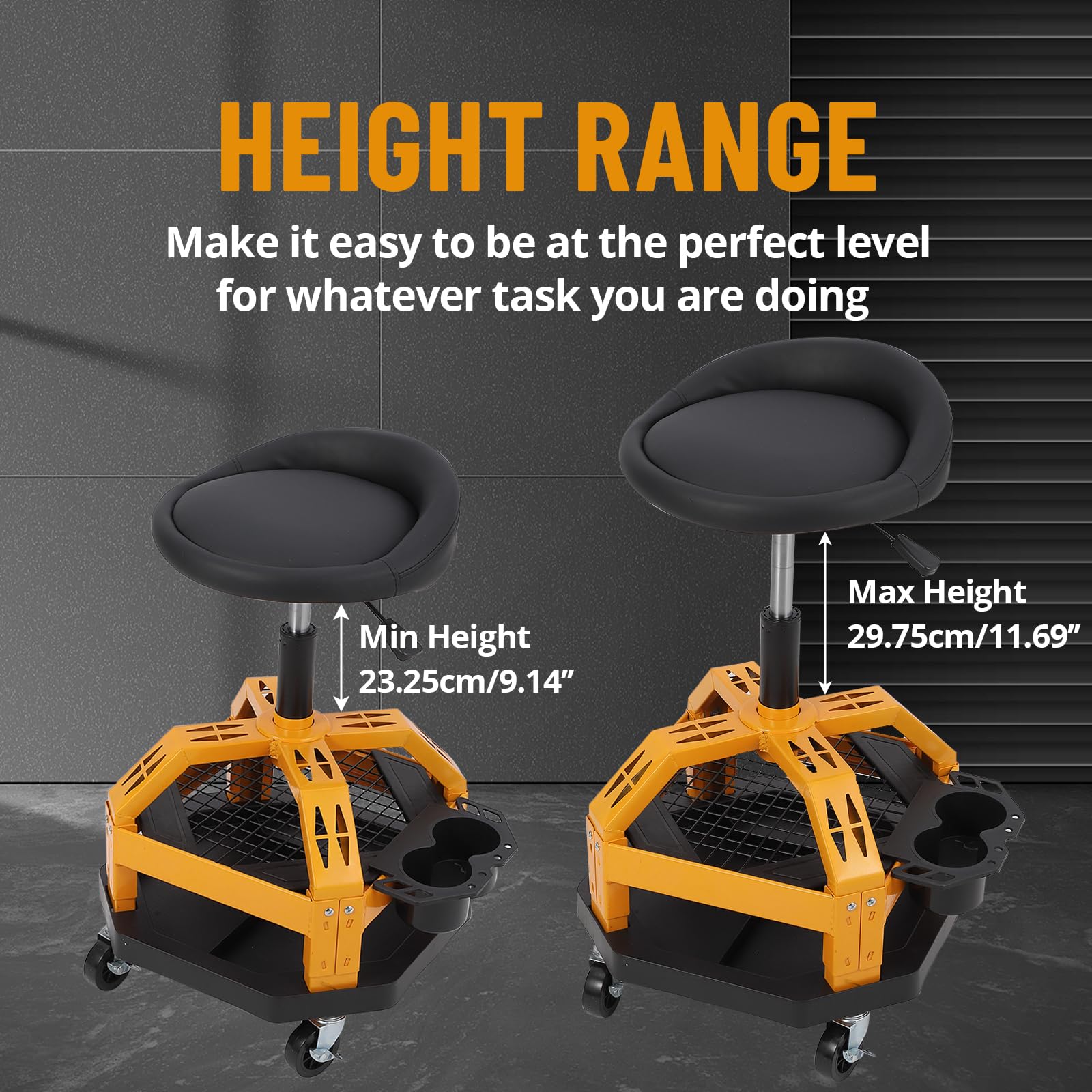 Taburete de taller con ruedas, altura regulable 23-27,5 cm, silla mecánica hasta 150 kg, giratorio 360°, asiento acolchado, construcción estable con bandeja para herramientas y soporte para bebidas