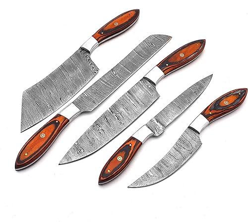 Miniatura 6 de Juego de cuchillos de chef de Damasco hechos a mano personalizadoscuchillos de cocina Juego de 5 piezas SS-17471, mango está hecho de madera naranja