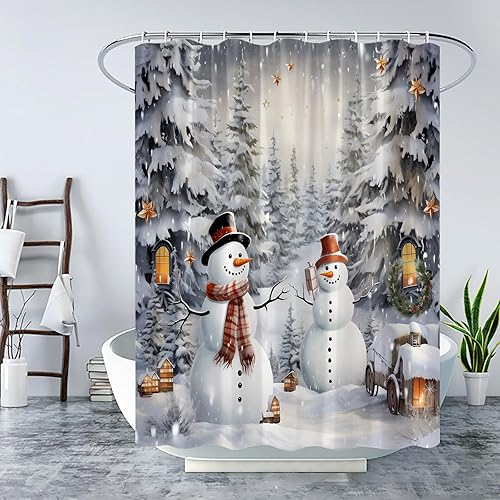 Miniatura 2 de UPUMKSK Cortina de ducha de muñeco de nieve cubierta de nieve de pino copo de nieve lindo muñeco de nieve gris blanco muñeco de nieve de dibujos