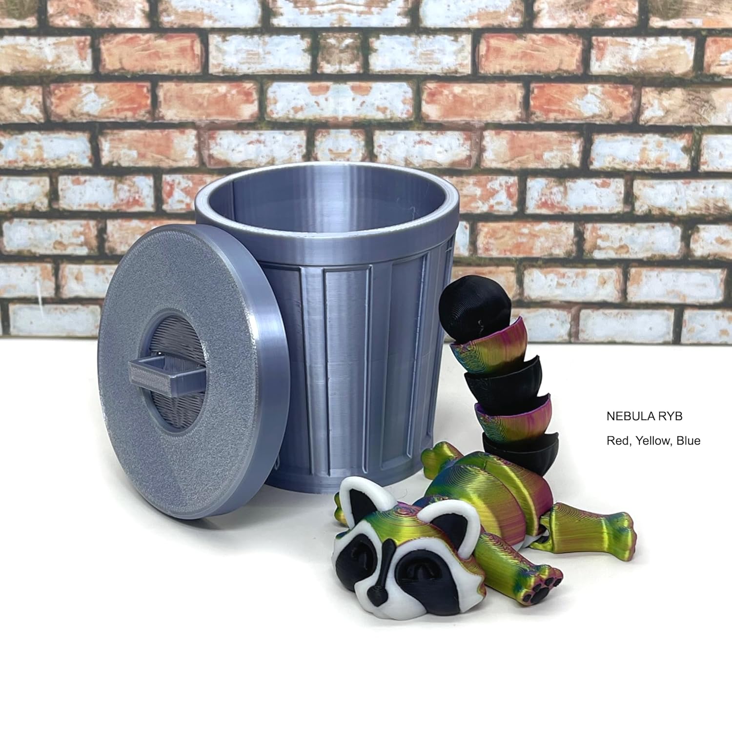 Generic Articulated Racoon with Trash Can, 5.5"" 3D Printed Large Tri Color Racoon, Trashcan Raccoon, Trash can, Raccoon Toy, Trash Panda, Fidget ADHD Autism Toy AR009 (Red Yellow Blue Nebula)