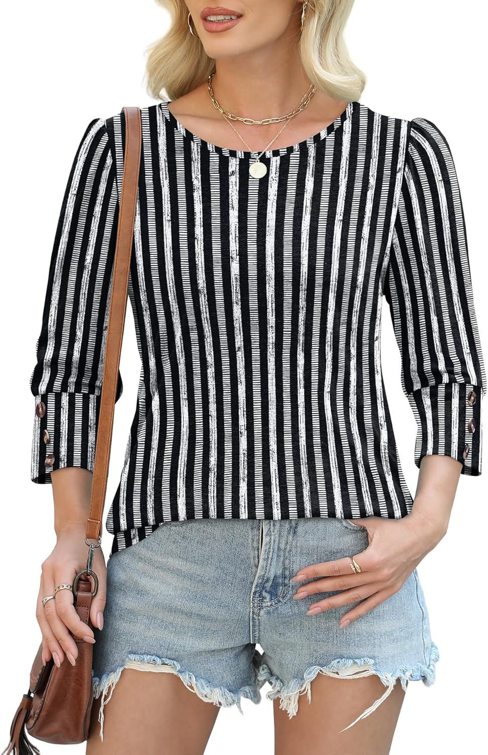 OFEEFAN Womens Tops 3/4 Sleeve with Buttons Dressy Casual Blouses Summer Outfits Beach Vacation Plus Size Spring Clothes - Image 3