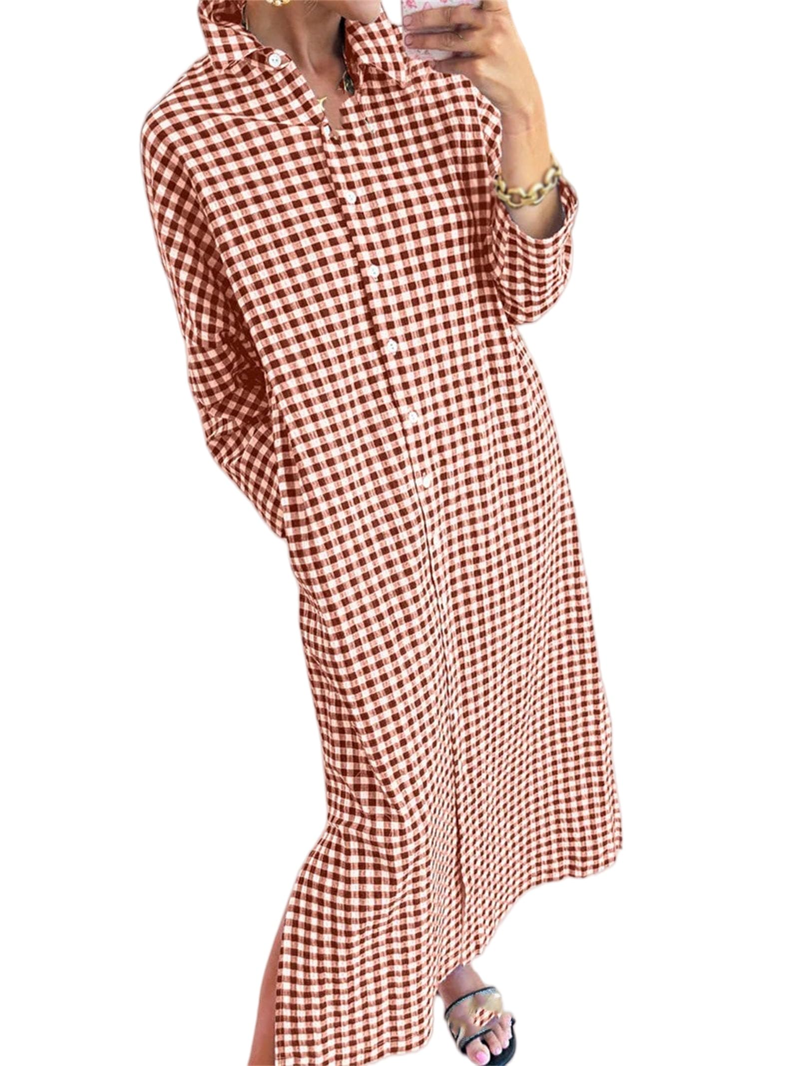 Abito da donna a quadretti, maniche lunghe, con bottoni, taglio ampio | Abito a Camicia Elegante A Quadri Con Bottoni E Taglio Ampio Per Ufficio E Tempo Libero