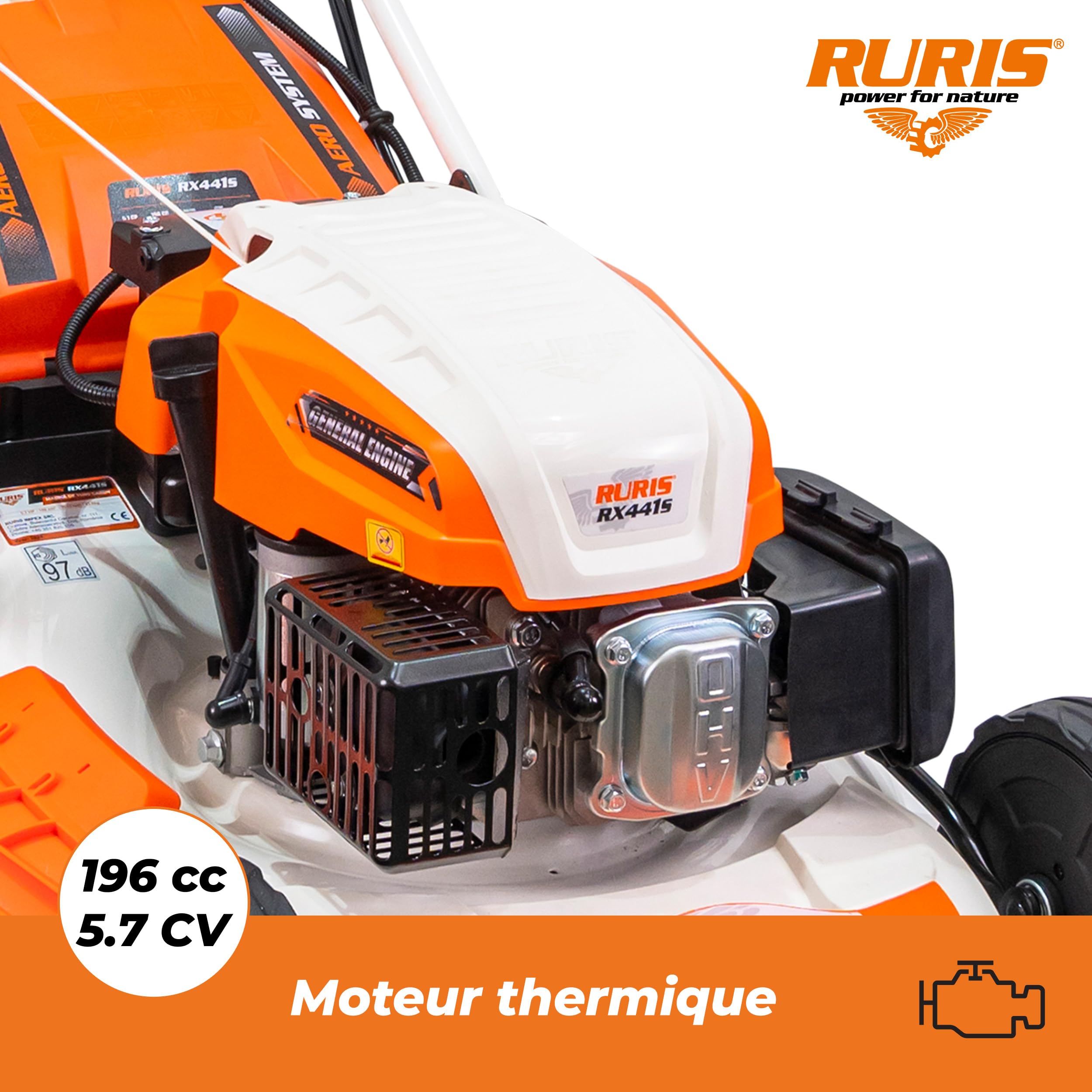 RURIS RX441S Tondeuse Thermique 5,7 CV 51 cm Demarrage Electric 5 Fonctions