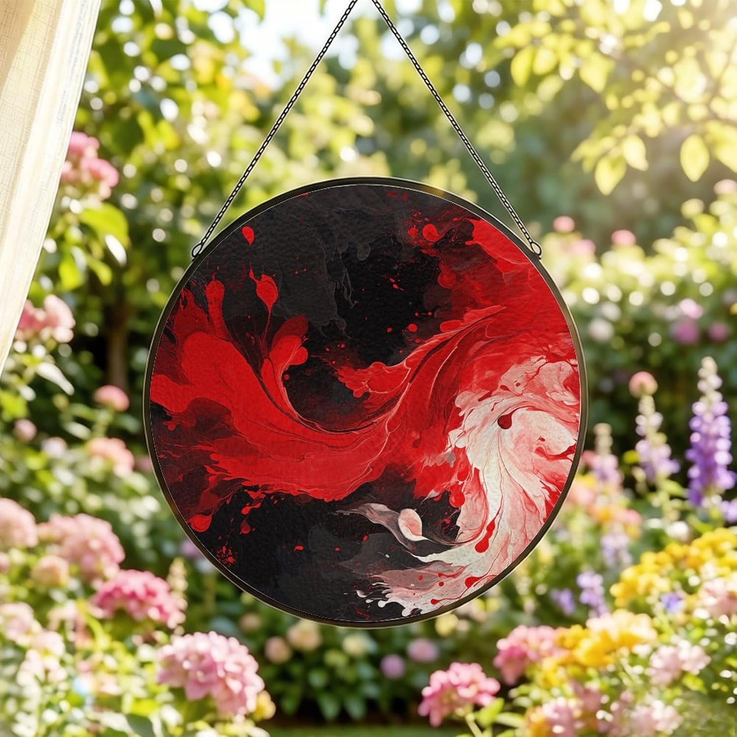 Red Black White Abstract Stained Glass Suncatcher Window Hanging image 2