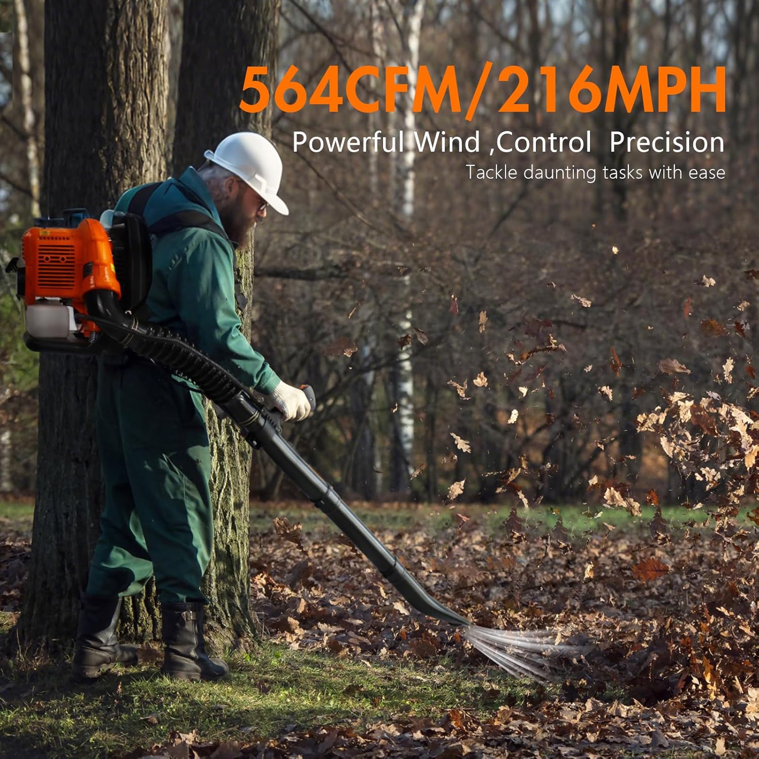 User operating the NEO-TEC backpack gas leaf blower to clear leaves from a yard.