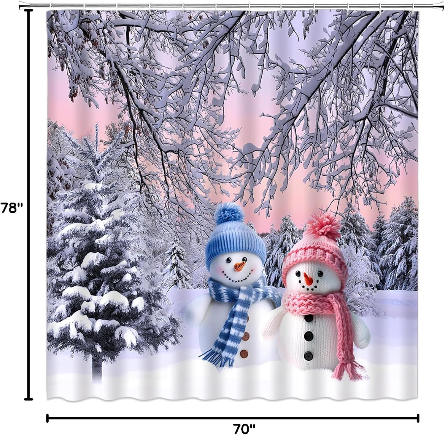 GCTNBJL Winter Forest Shower Curtain Snowman Tree Snow Holiday Xmas Festival Rustic Nature White Pink Extra Long Bathroom Home Curtain with Hooks,70x78 Inch