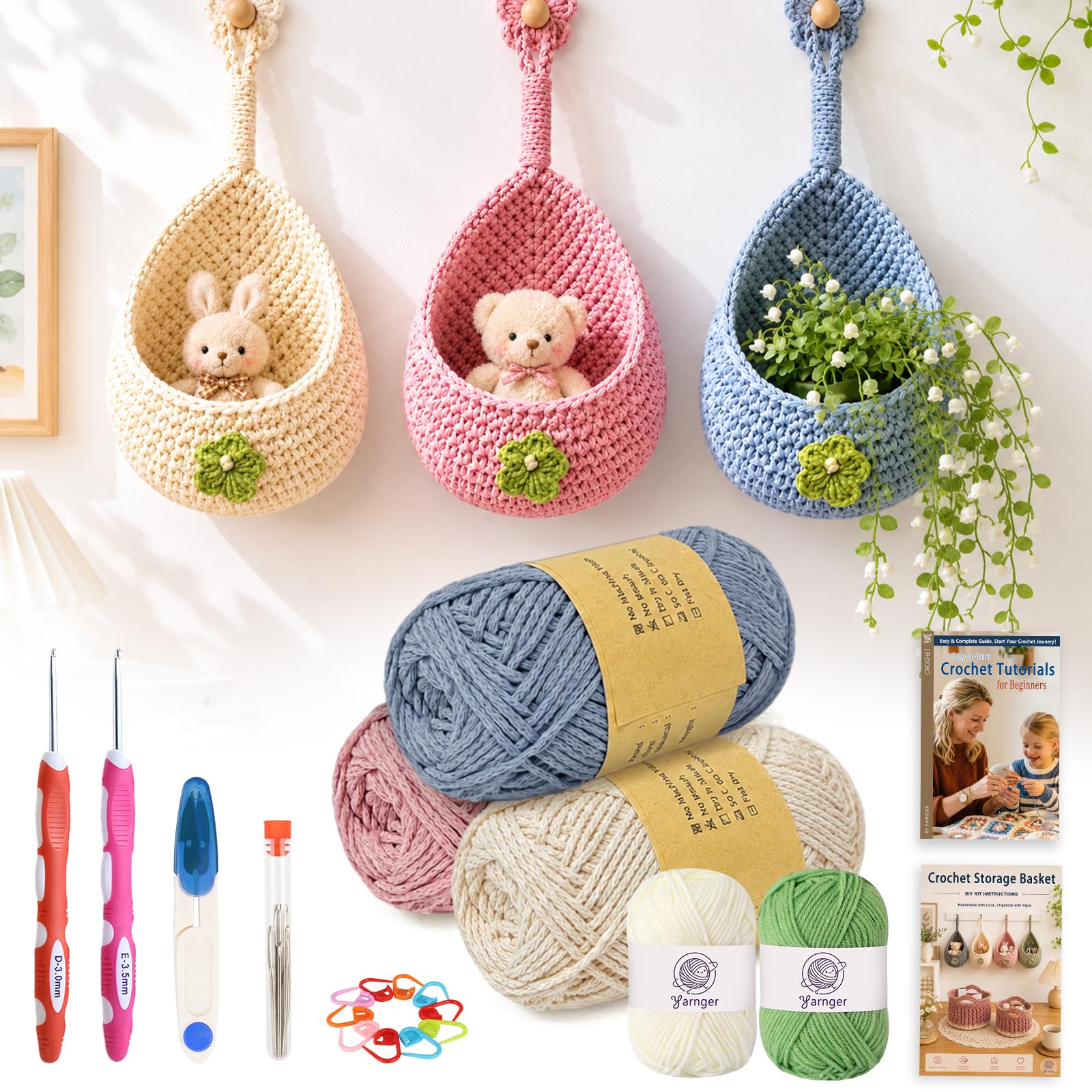 Yarnger Crochet Hanging Basket, Teardrop Hanging Basket Crochet Kit, Include Step-by-Step Instruction, Easy Thick Yarn, Crochet Hooks, Practical Crochet Kit for Beginners (Misty Blue/White/Light Pink)