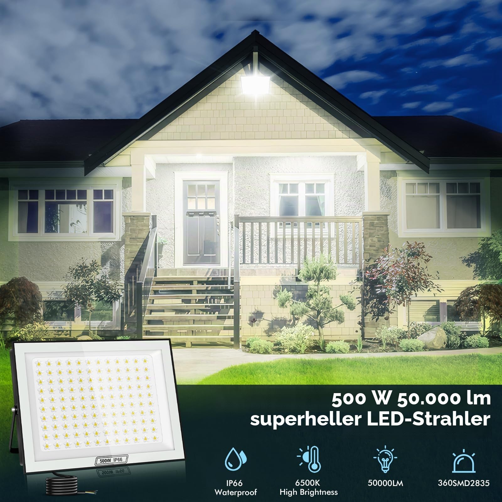 500W LED Strahler Außen, 50000LM Superhell, 6500K Kaltweiß Außenstrahler, LED Fluter Außen, IP66 Wasserfest Scheinwerfer für Hinterhof, Auffahrt, Garage, Flur, Garten - 2 Stück