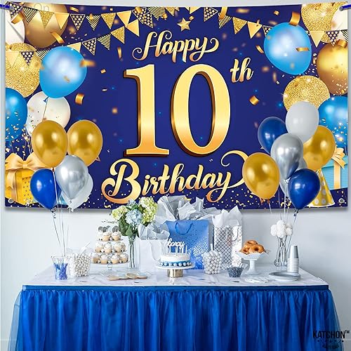 Miniatura 6 de KatchOn, Pancarta de feliz cumpleaños número 10 azul y dorado, XL, 72 x 44 pulgadas, decoraciones de feliz cumpleaños número 10 para niñas, pancarta