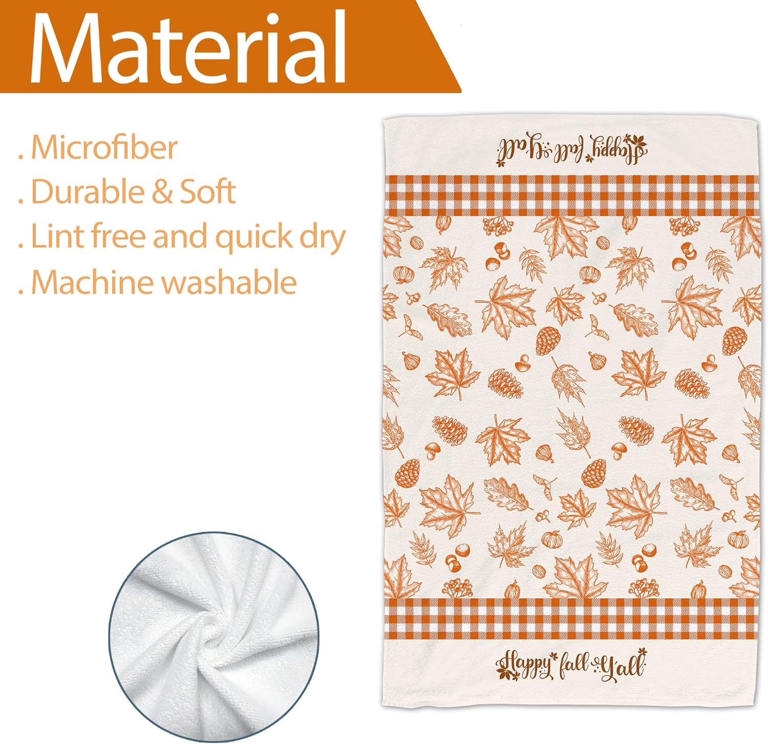 Fall Kitchen Towels, Fall Towels Set of 2, Hello Fall Pumpkins Maple Leaves Orange Plaid Hand Dish Tea Towels for Bathroom Seasonal Thanksgiving Housewarming Gifts Decorations for Home (18x28 Inches) - Image 3