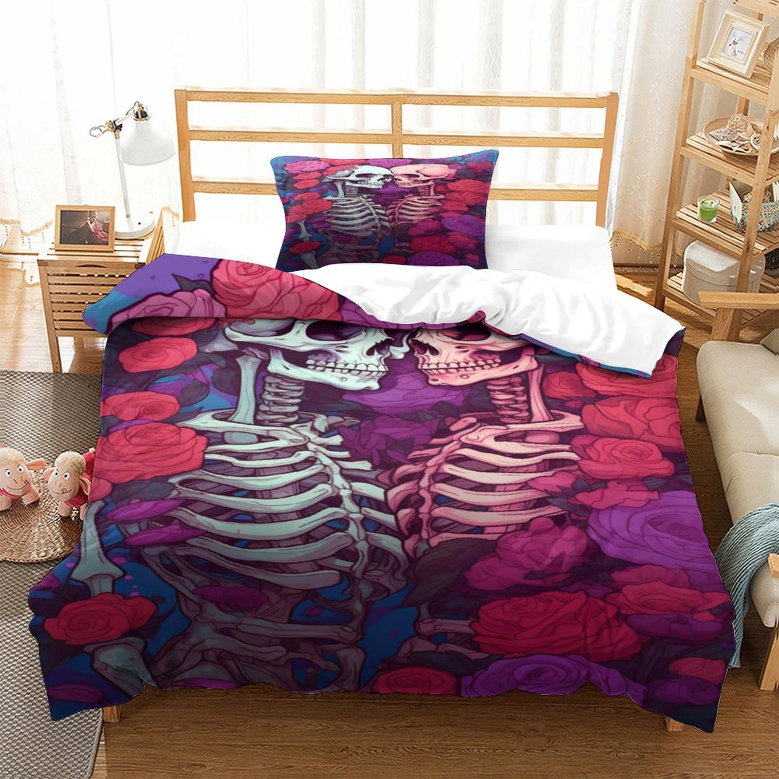 P1S9U7W5Y Romantic Skeleton Rose 3D Printed Duvet Cover Set 3pcs Microfiber Bedding Set Single