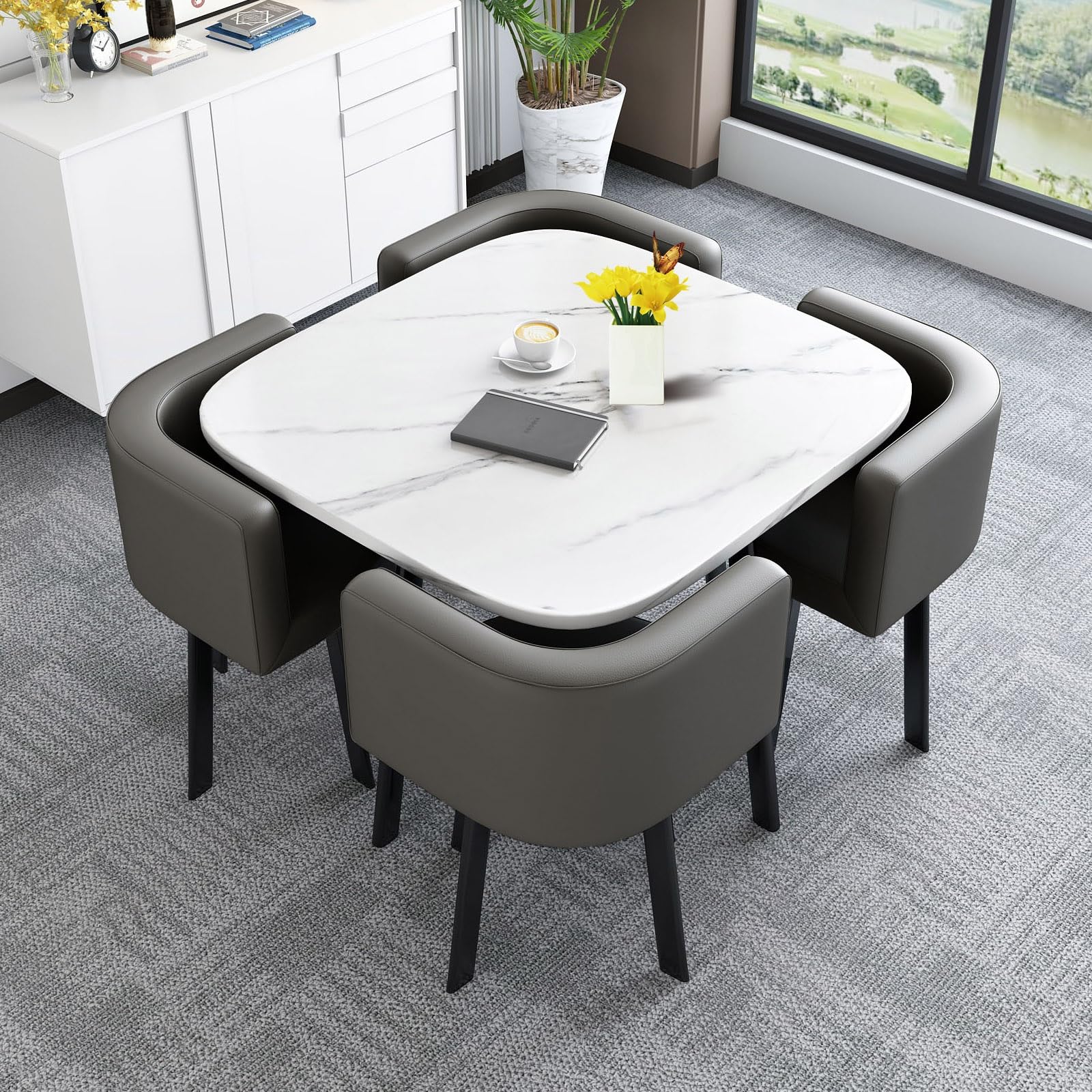 Set di 4 tavoli da pranzo in stile nordico moderno, quadrato, con tavolo e sedie, per hotel, case, uffici, centri commerciali e caffetterie.