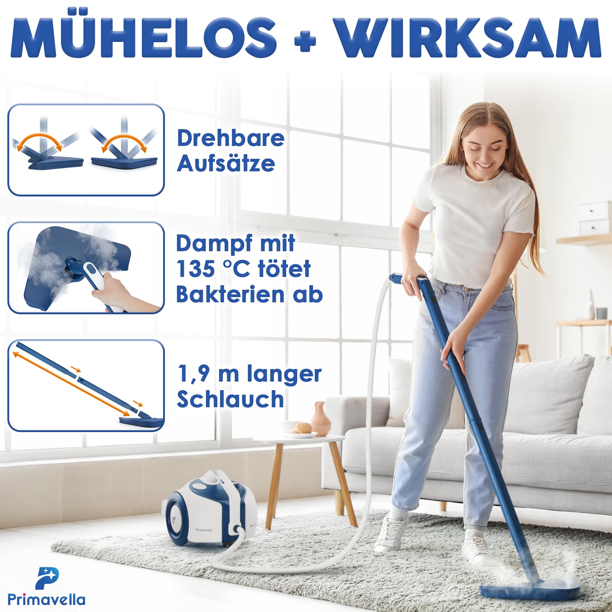 Primavella - Dampfreiniger - 1800 Watt, 3,5 Bar Druck, 1,5 Liter Tank - 16 Zubehörteile zur Reinigung von Badezimmer, Fliesen, Böden, Fugen, Polstermöbeln, Sofa, Auto