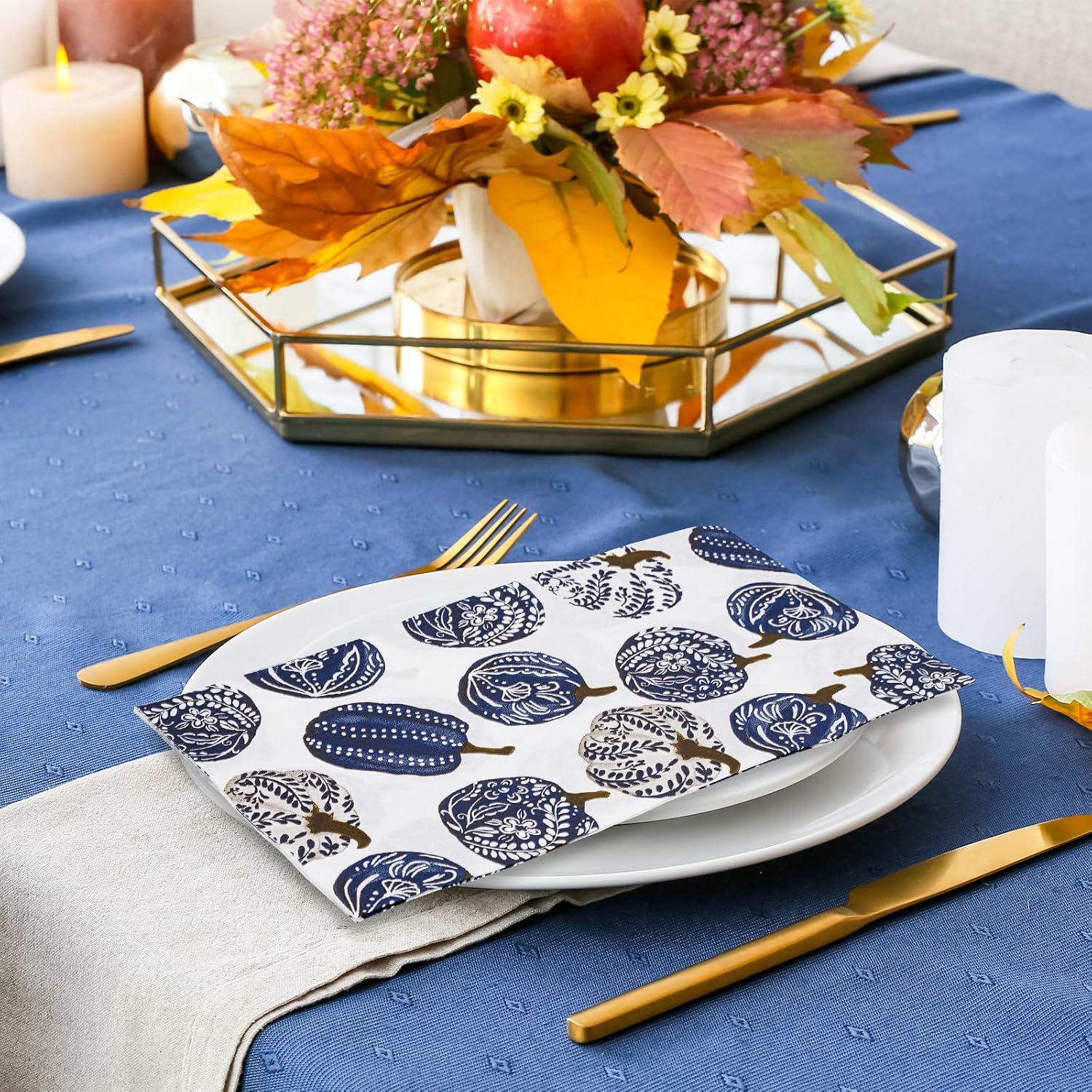 AnyDesign 80 Pack Fall Porcelain Pumpkins Guest Napkins Disposable Blue Botanical Leaves Pumpkin Paper Napkins Chinoiserie Dinner Hand Towels for Autumn Thanksgiving Home Kitchen Bathroom