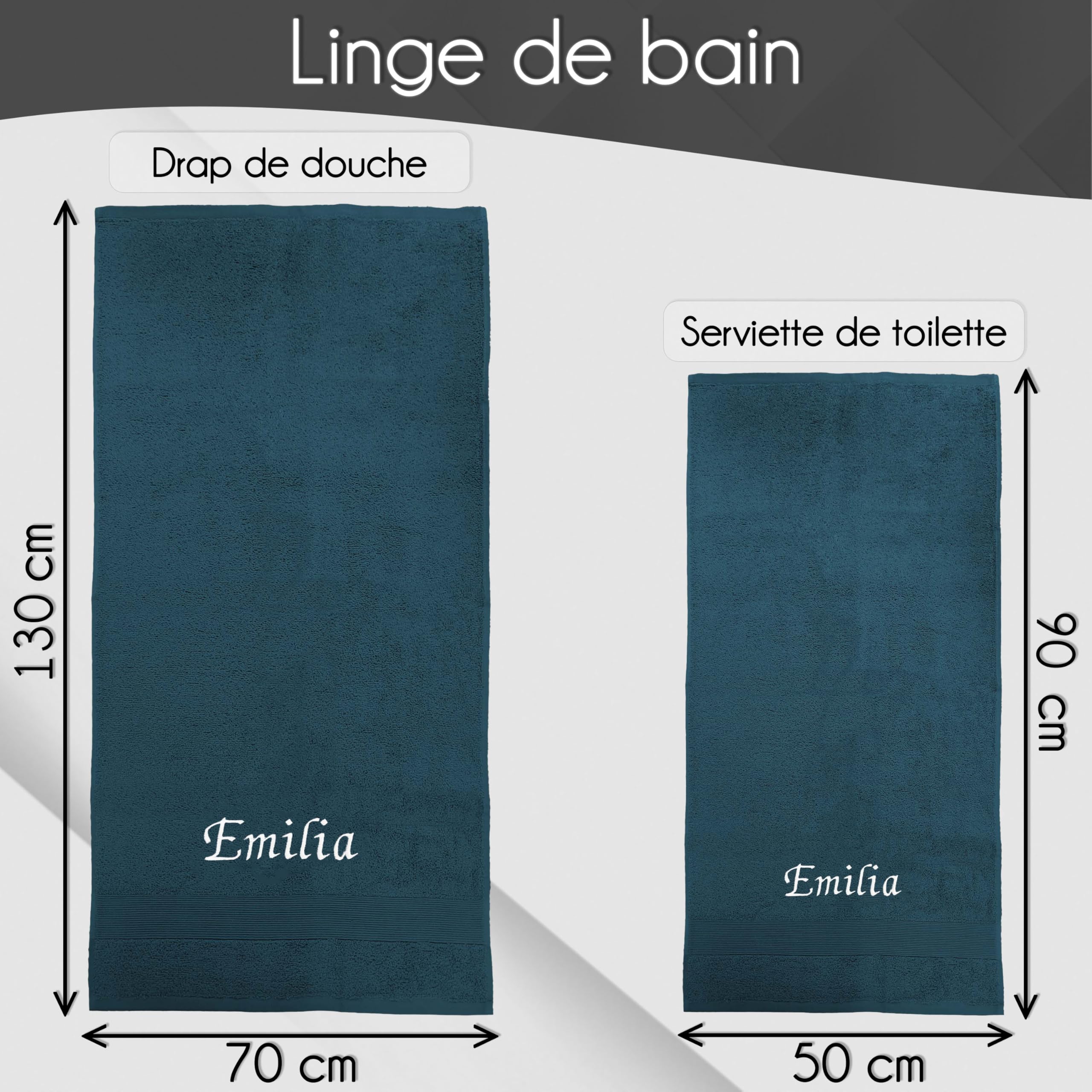 Serviette personnalisée 100% Coton Prénom brodé Drap de Bain Douche 70x130cm Bleu Nuit Cadeau Noël Anniversaire