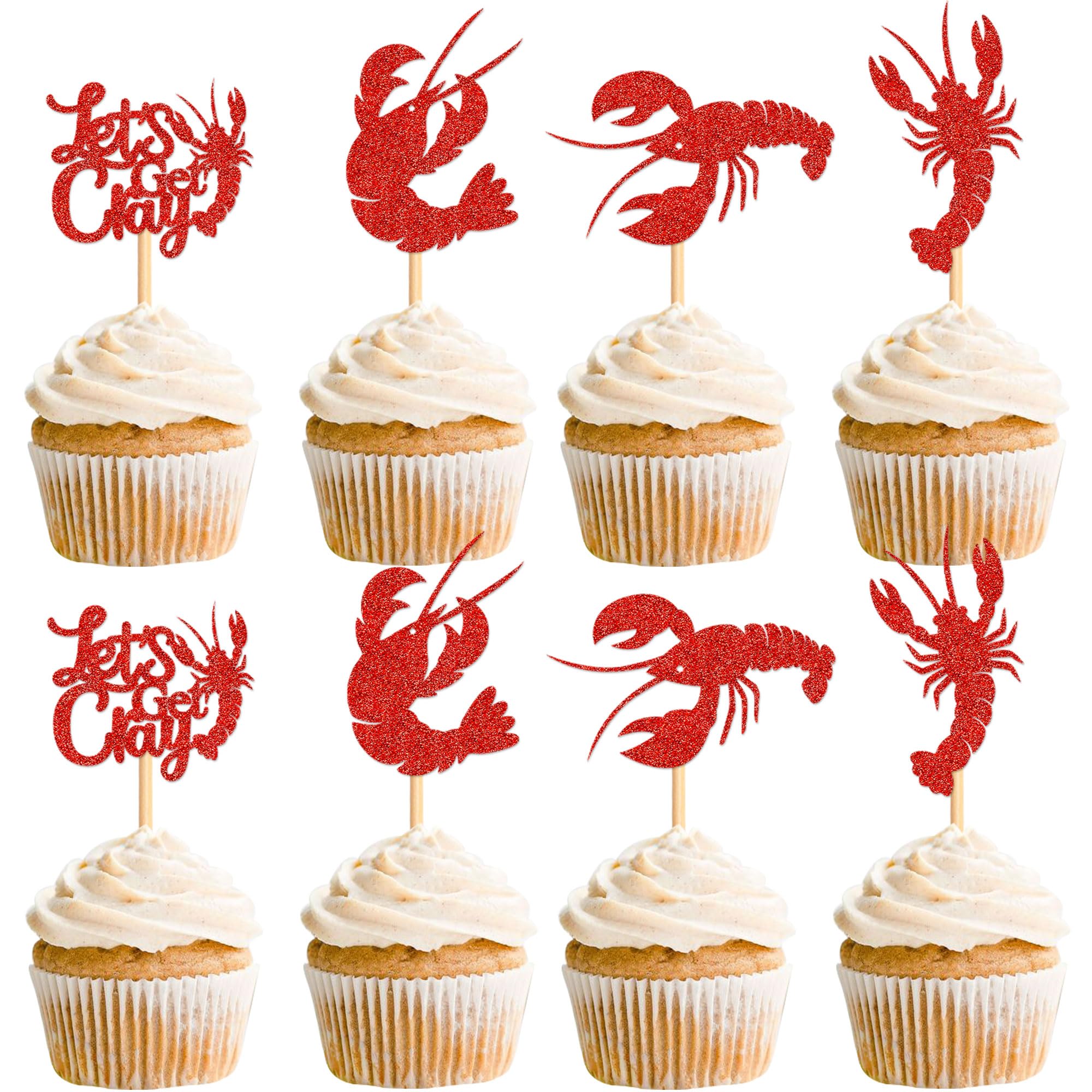 Ercadio 24 Pack Crawfish Cupcake Toppers Red Glitter Lobster Cupcake Picks Ocean Lobster Theme Party Baby Shower Birthday Party Cake Decorations