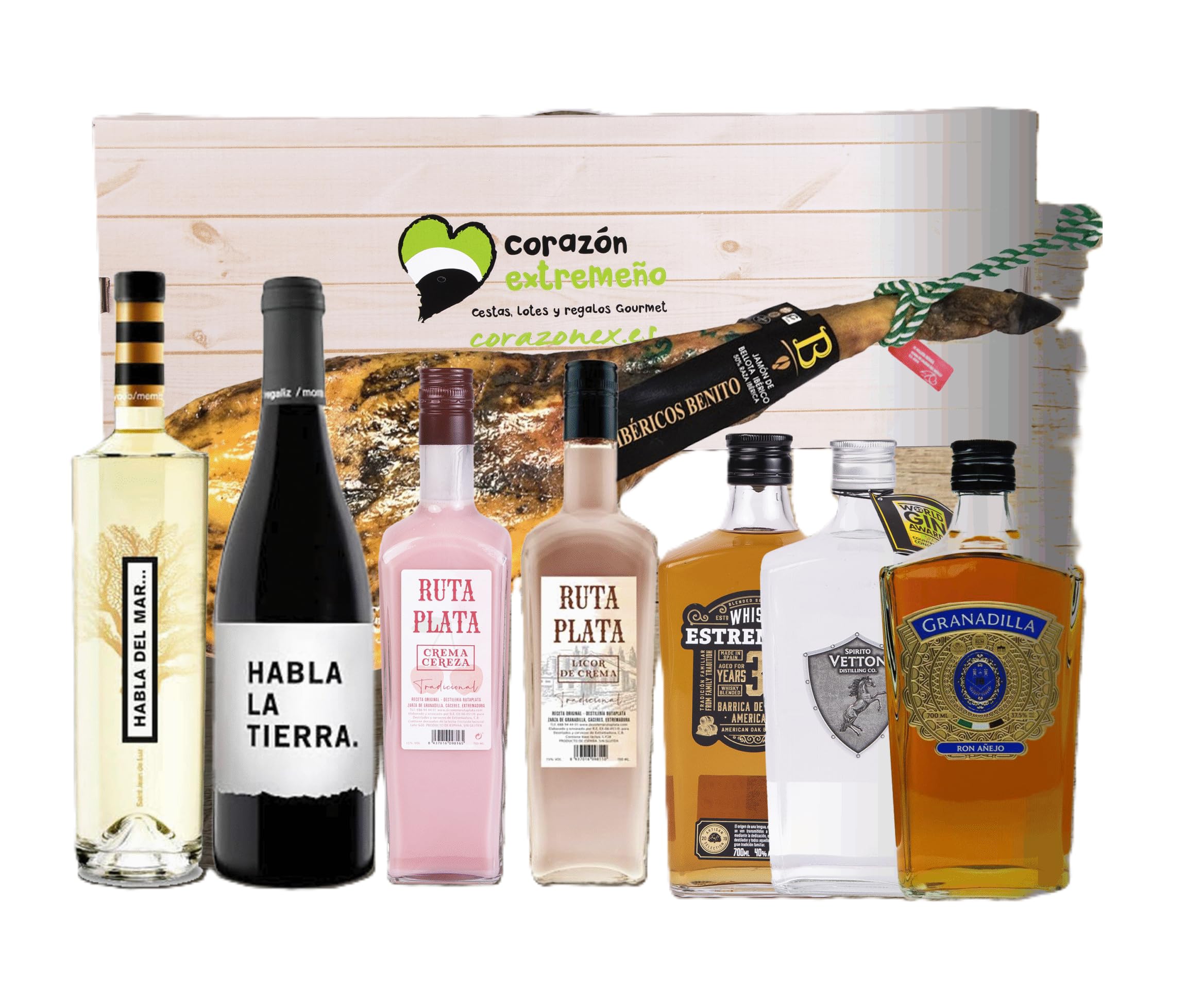 Cesta de Regalo para Empresas con Jamón Ibérico de Cebo, Whisky Don Crescencio 6 años, Ginebra Spirito Vetton, Vino Habla de la Tierra – Corazón Extremeño