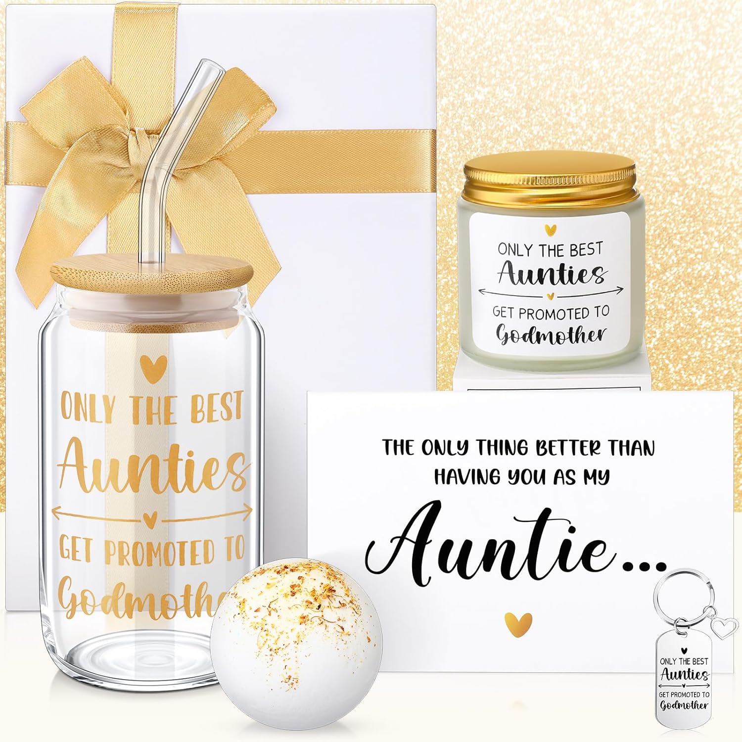 Yiyiring 6 Pcs Godmother Proposal Gift Will You Be My Godmother Gift Set with Glass Scented Candle Bath Bomb Keychain Card Box Set for God Mother Auntie from Godchild Baptism Easter(Auntie Style)