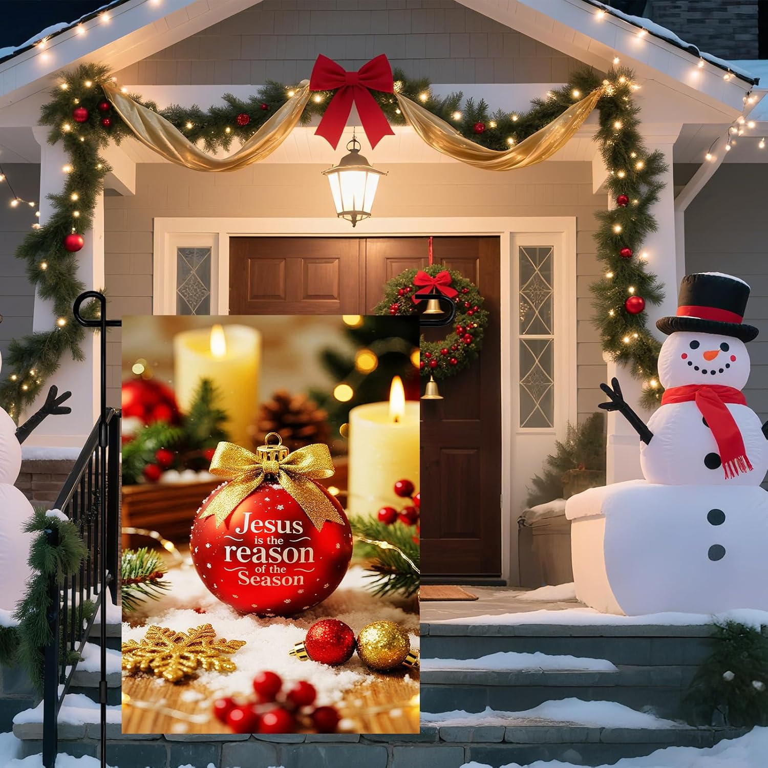 IVN Christmas Garden Flag 12x18 Inch Double Sided Jesus Is the Reason for the Season with Candles Red Ornaments and Holly Outdoor Yard Flag for Outside Home Front Door Lawn Porch Patio Welcome Decor - Image 2