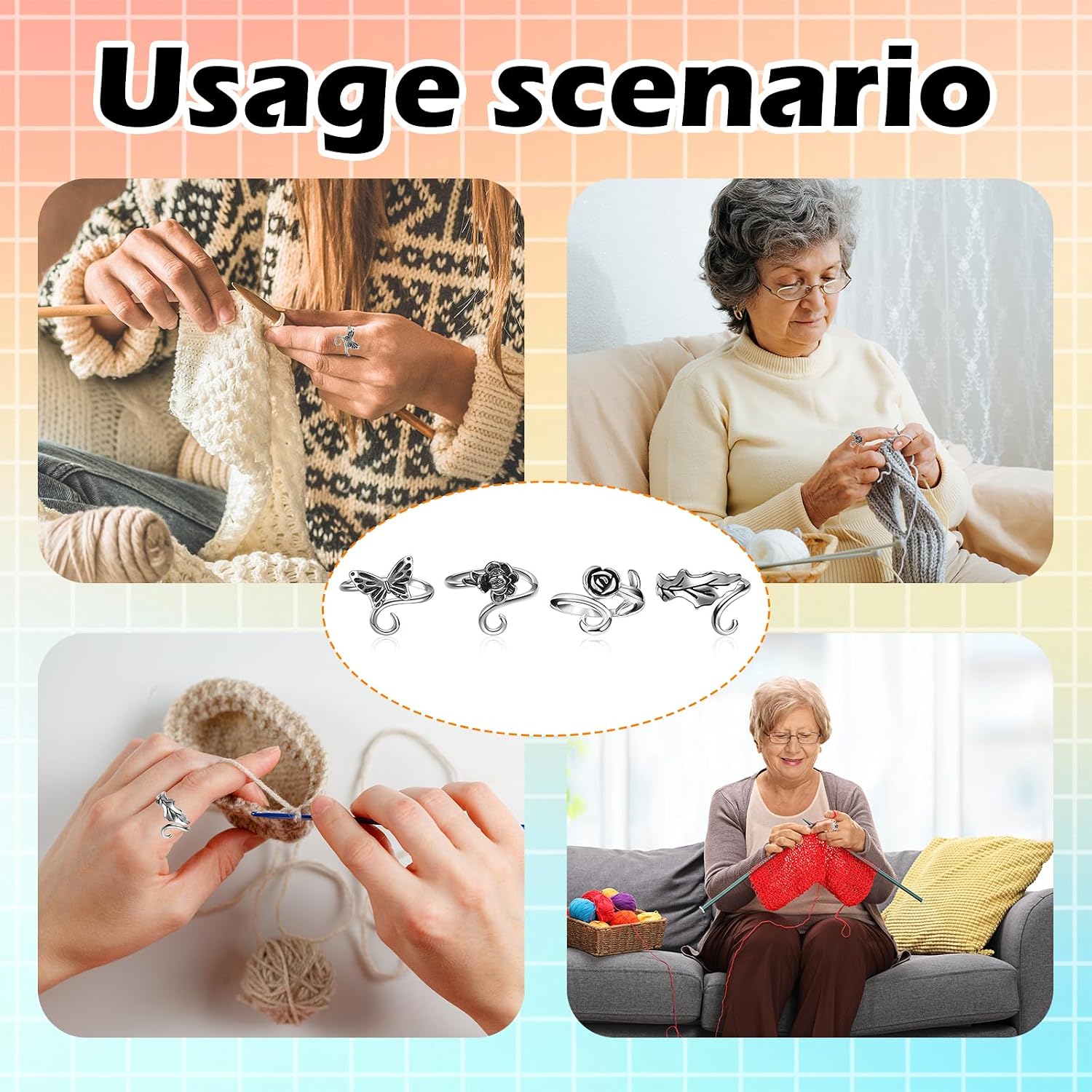 4pcs Knitting Crochet Loop Ring for Fingers Metal Open Yarn Guide Crochet Rings