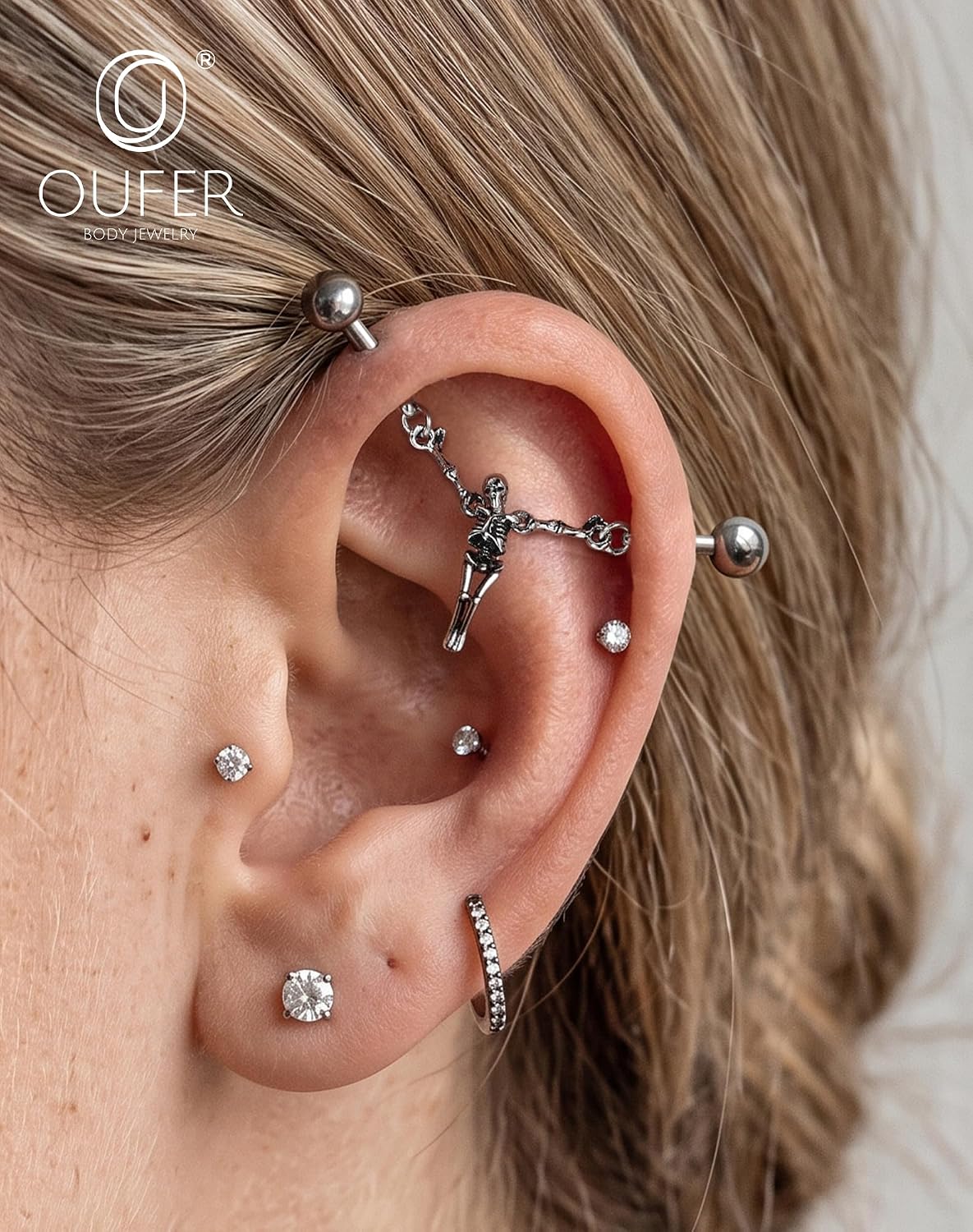OUFER 14G Dangling Skeleton Halloween Industrial Piercing Jeweley
