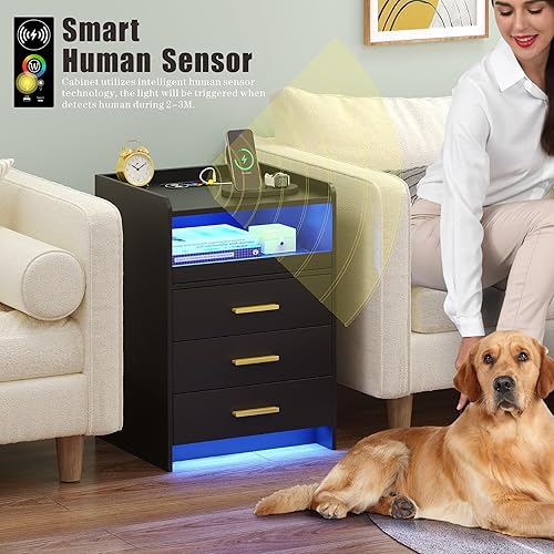 Miniatura 6 de Mesita de noche con estación de carga inalámbrica, mesa de noche con luz RGB y sensor humano, 3 cajones LED, mesa auxiliar moderna para dormitorio,