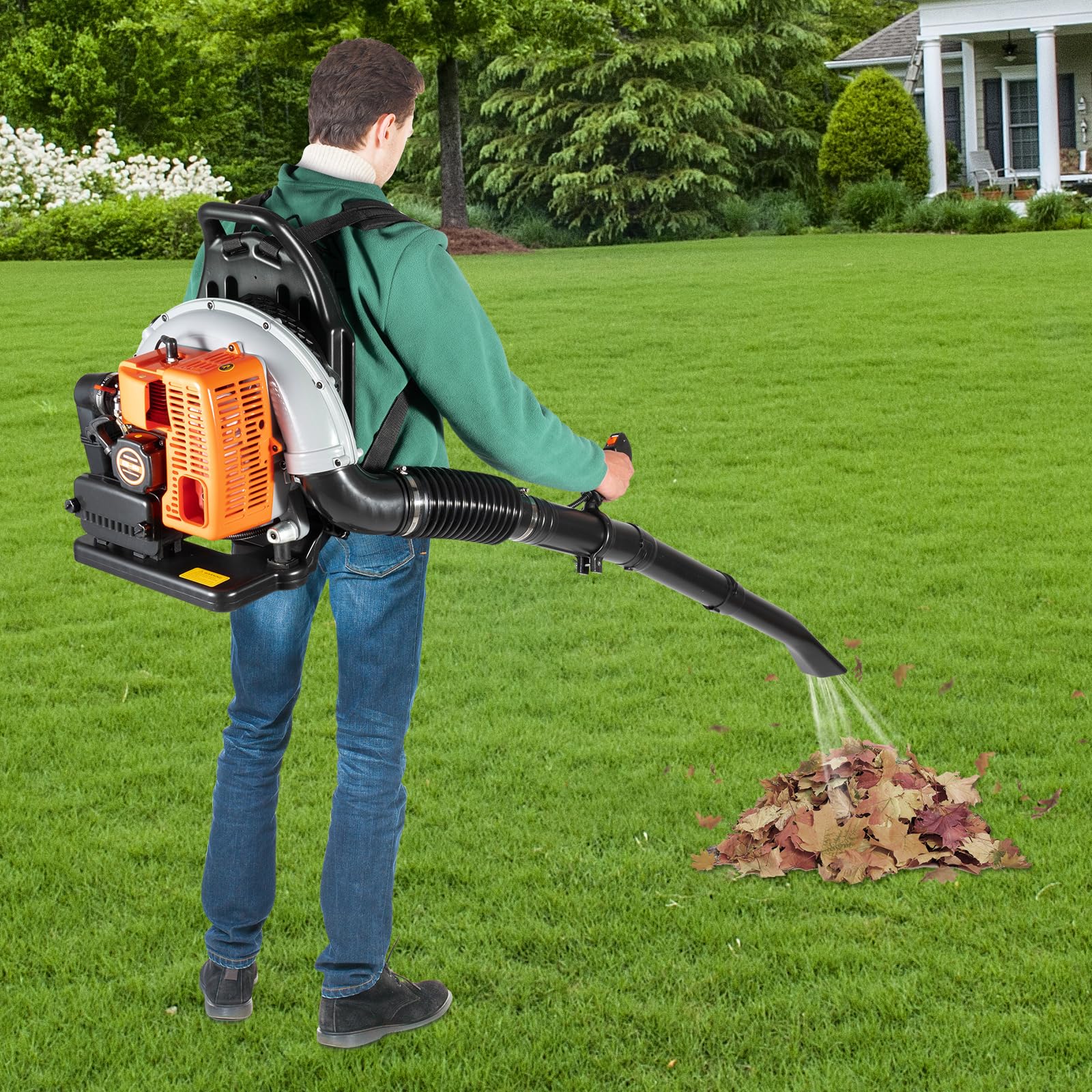 Soffiatore a zaino a benzina da 65 cc, motore raffreddato ad aria, leggero, senza fili, con cinghie di comfort migliorate e attrezzature di sicurezza, per giardino, foglie, polvere e neve