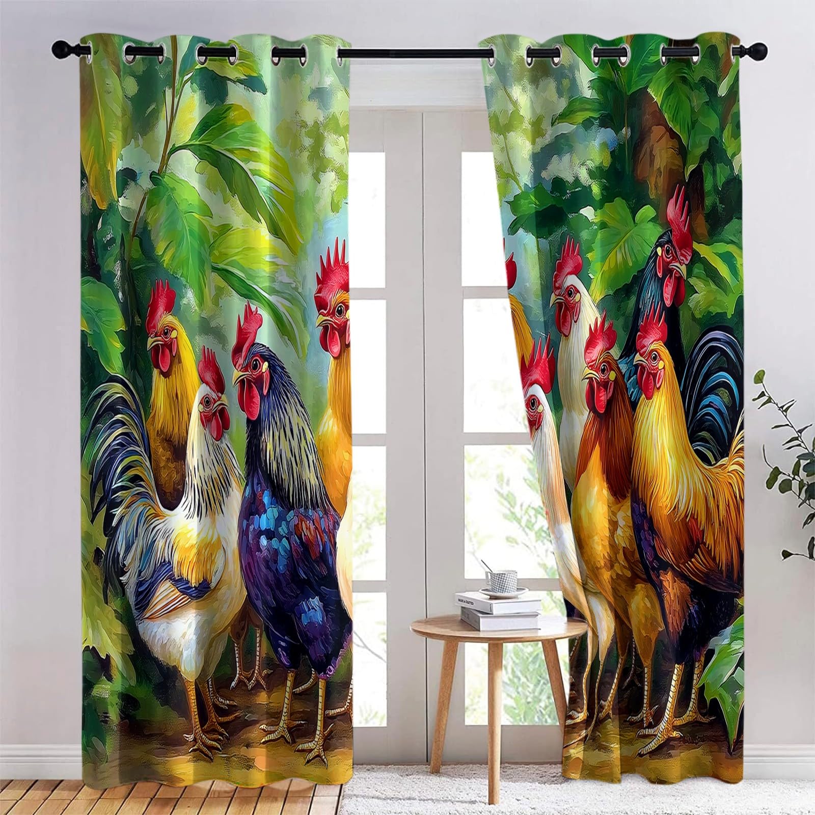Tende Oscuranti per Interni 2 Pezzi 140x140 cm (LxA), Dipinto Olio Animali Pollo Foglie Tenda Coprente per Soggiorno, Termiche Isolanti Verde Tendaggi per Interno Finestra per Salotto Cucina