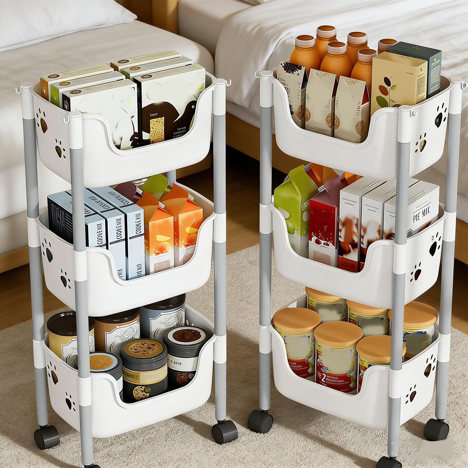 Carrello multiuso con ruote a 3 livelli, adorabile organizer in polipropilene a forma di orso, per cucina e camera da letto (3 strati, bianco e grigio)