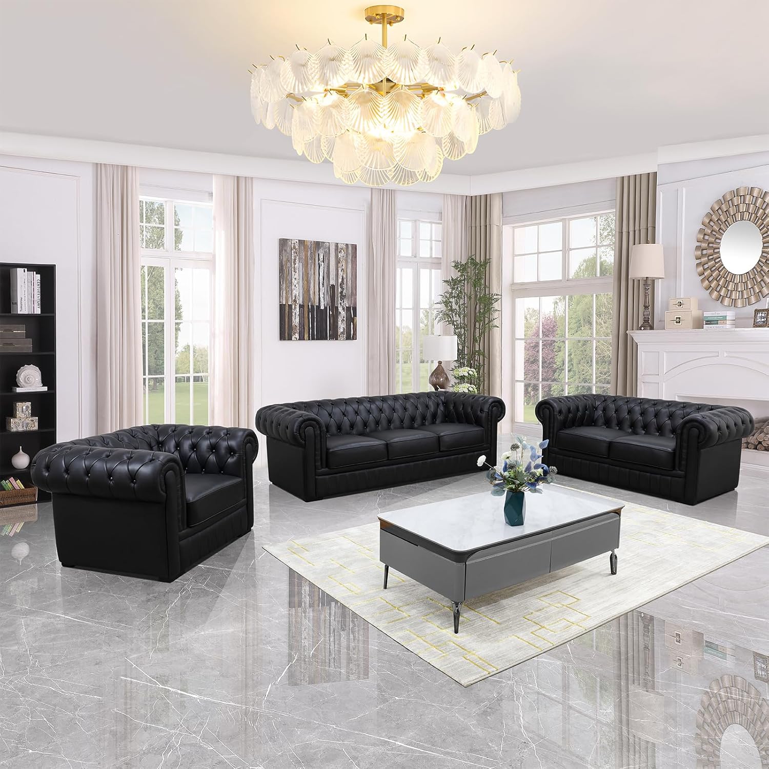 Black Cow Top Leather Sofa Chair, Living Room Furniture, Button Tufted Upholstery, Curved Armrests，Upholstered Sofa