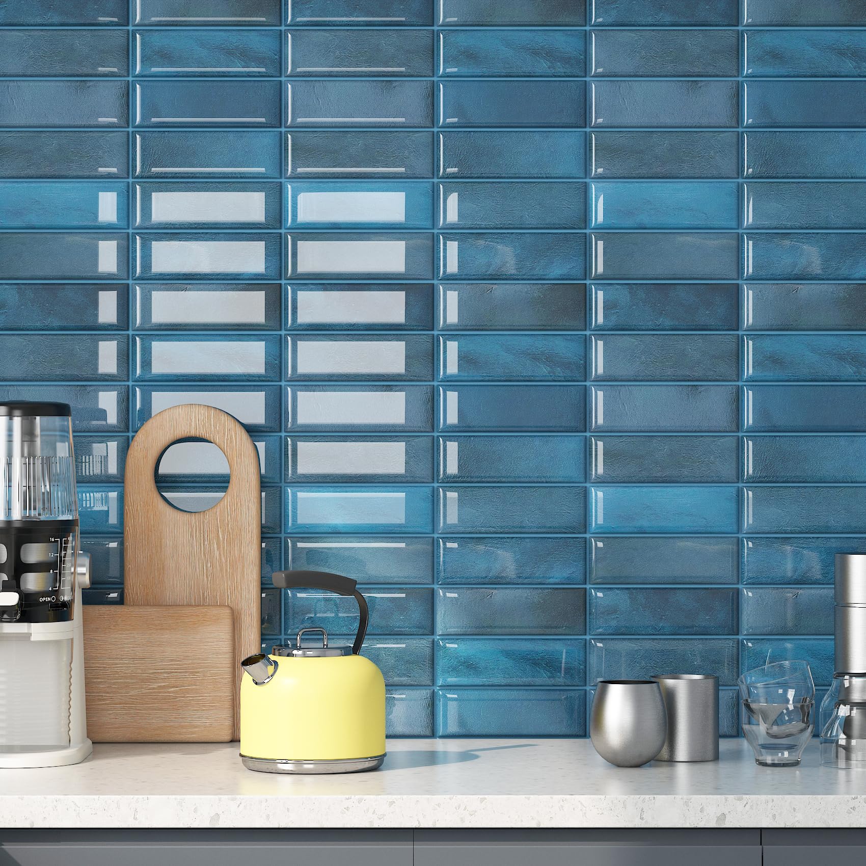 Crédence de cuisine bleu métro à décoller et coller Decotalk pour rénover son coin repas facilement