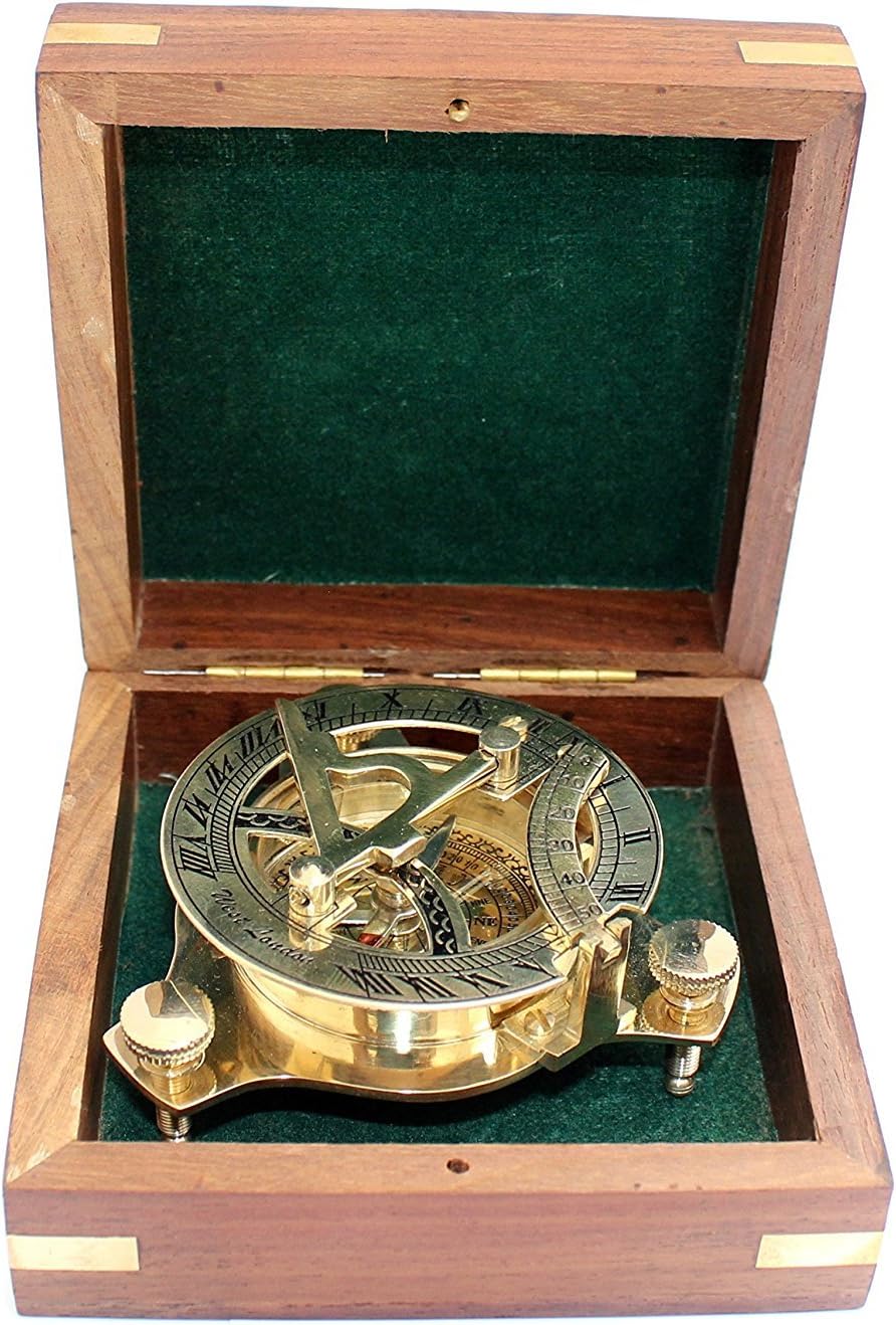 3.5" Nautical West London Sundial Compass with Handcrafted Wooden Box Rustic Vintage Home Decor Gifts