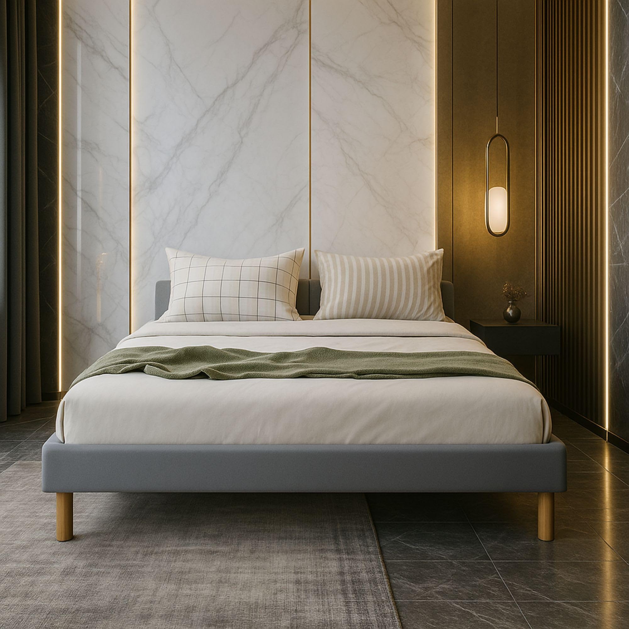 King of Dreams Sommier Tapissier 140x190 - Gris + Pieds en 18 cm - revetement Tissu Polyester Facile d'entretien