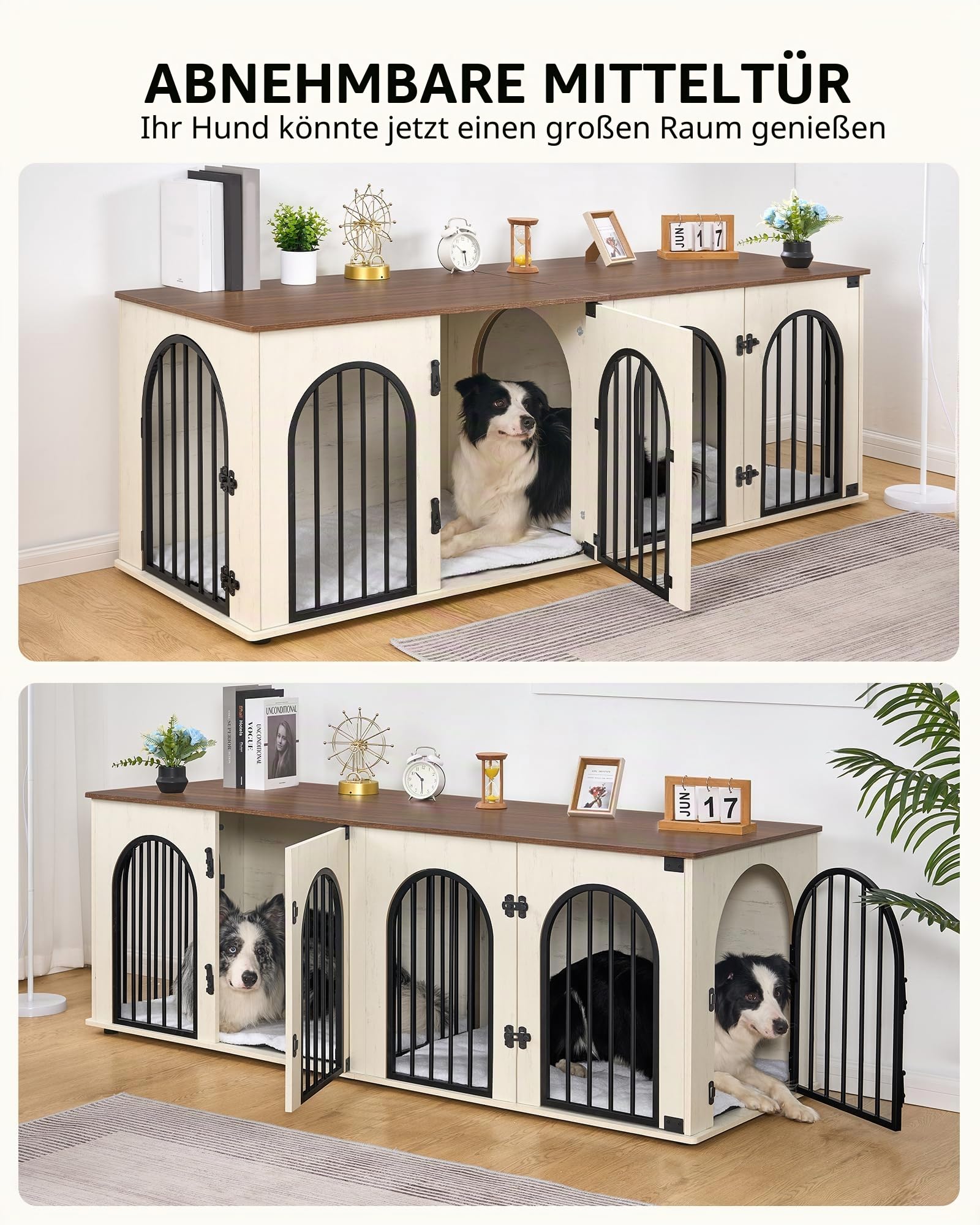 Hzuaneri 180 cm Hundekäfig Möbel für 2 Hunde, Doppel-Hundebox mit Kissen, Hundebox aus Holz mit Trennwand, Hundekäfig-Beistelltisch, TV-Ständer-Design für Mittlere/Große Hunde, Weiß Braun DFC91914B