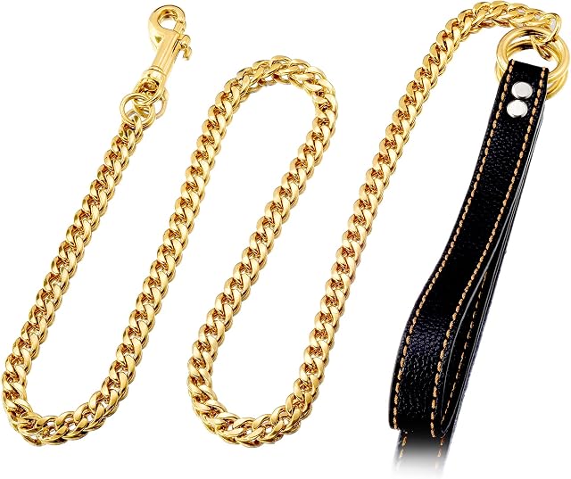 W/W Lifetime Chain Dog Leash Metal Chew Proof Leash, Leather Handle 11mm Gold 18K 4.5FT Heavy Duty Pet Leash Chain, with Padded Handle for Large Medium Small Dogs (Totally Length of 4.5FT)