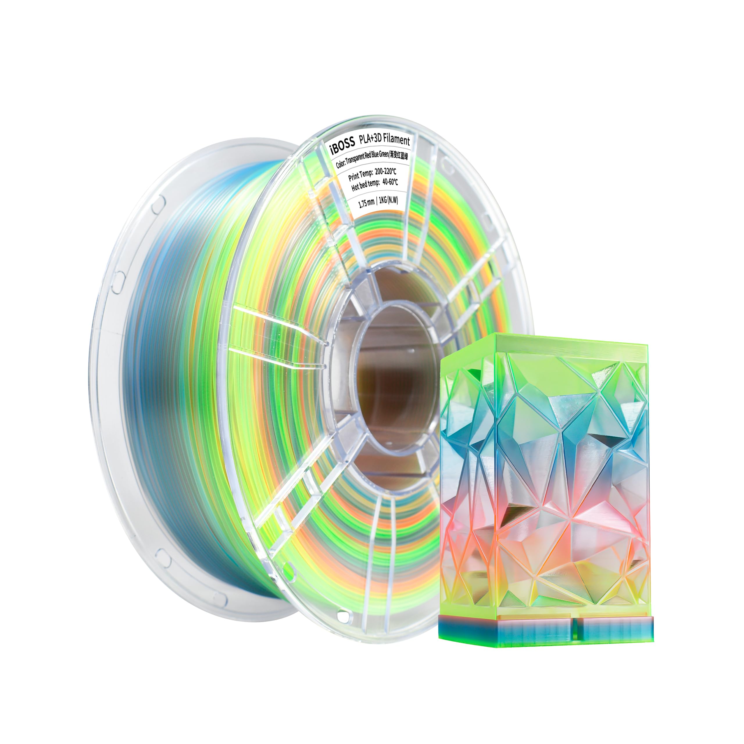 iBOSS Gradient PLA Plus - Filamento per stampante 3D, 1,75 +/- 0,02 mm, bobina da 1 kg (2,2 lbs) trasparente, filamento PLA Pro 3D, adatto per la maggior parte delle stampanti FDM (trasparente